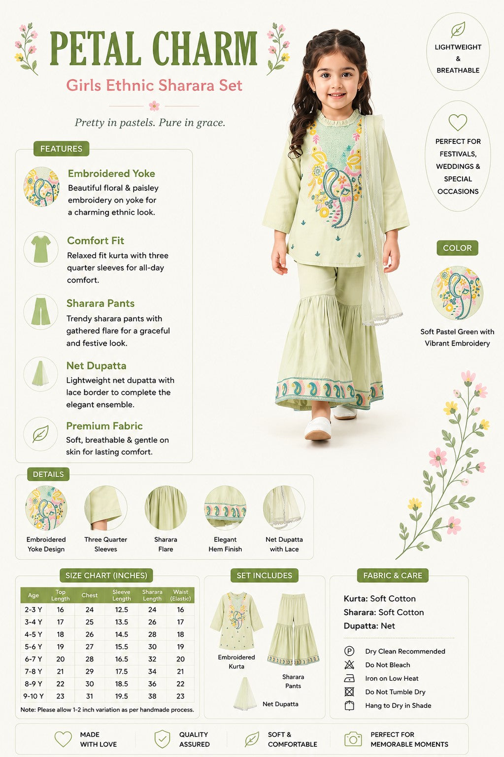 Bella Moda Girls Traditional Embroidered Kurta Sharara Set with Dupatta-AUETH842AD