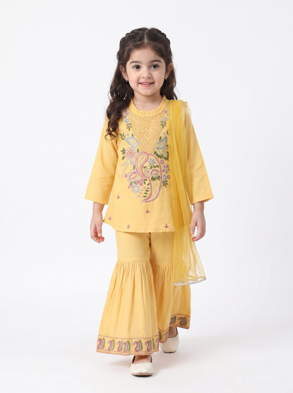 Bella Moda Girls Traditional Embroidered Kurta Sharara Set with Dupatta-AUETH843AD