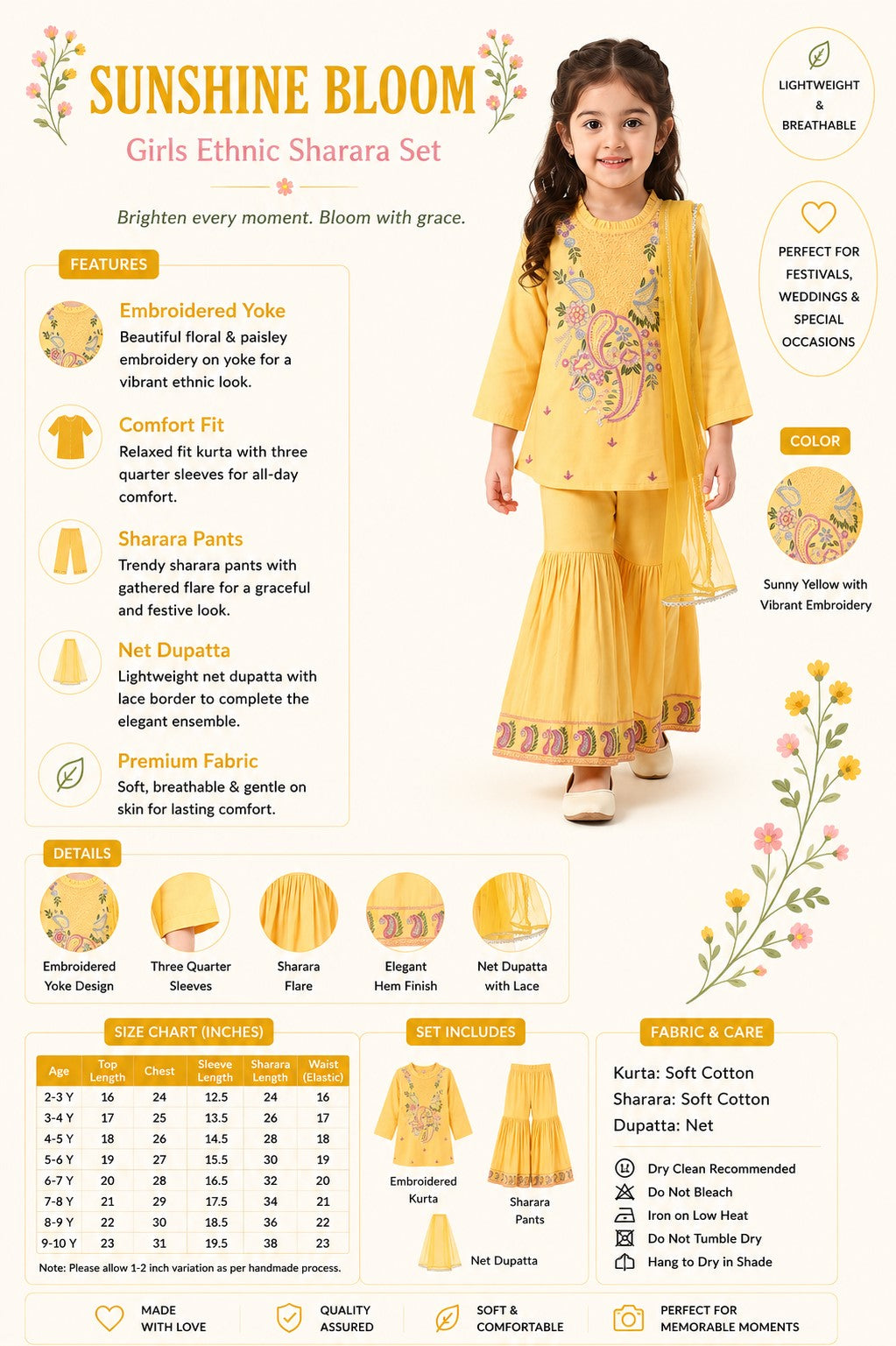 Bella Moda Girls Traditional Embroidered Kurta Sharara Set with Dupatta-AUETH843AD