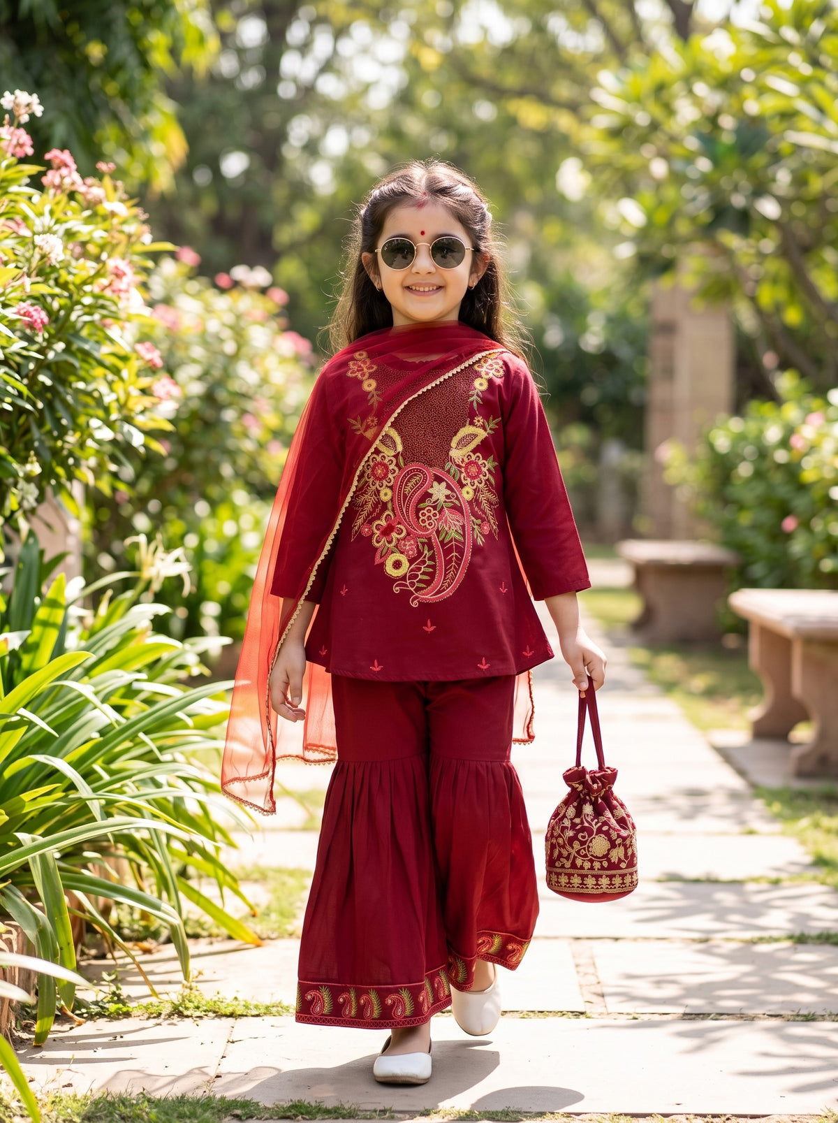 Bella Moda Girls Traditional Embroidered Kurta Sharara Set with Dupatta-AUETH844AD