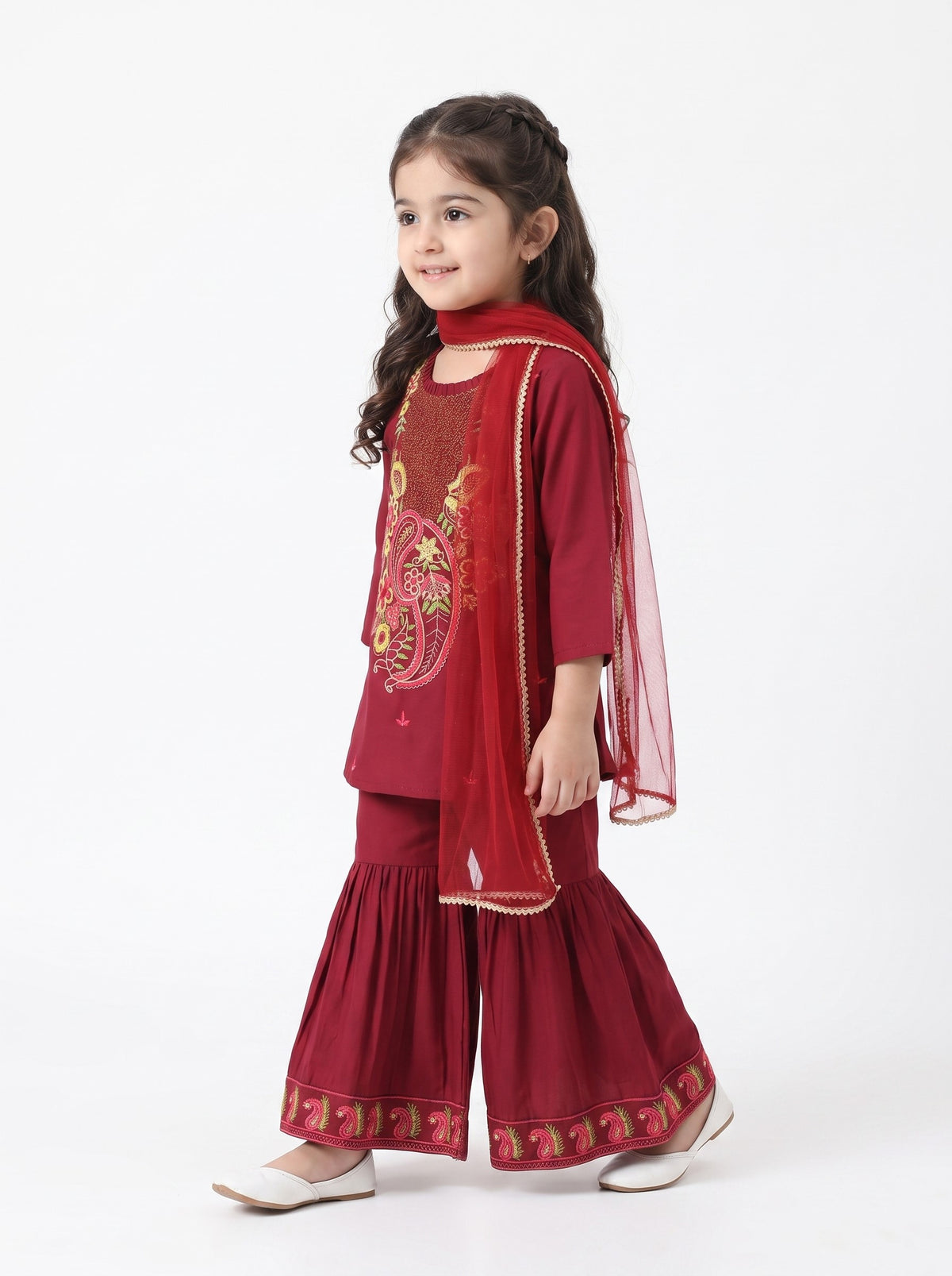 Bella Moda Girls Traditional Embroidered Kurta Sharara Set with Dupatta-AUETH844AD