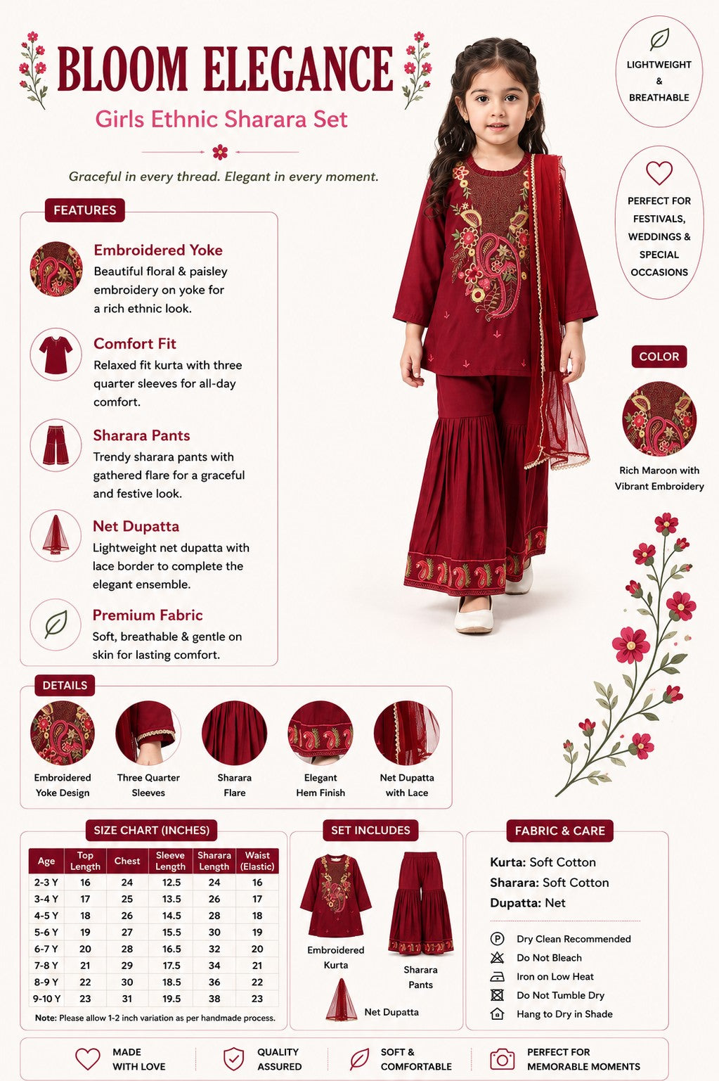 Bella Moda Girls Traditional Embroidered Kurta Sharara Set with Dupatta-AUETH844AD