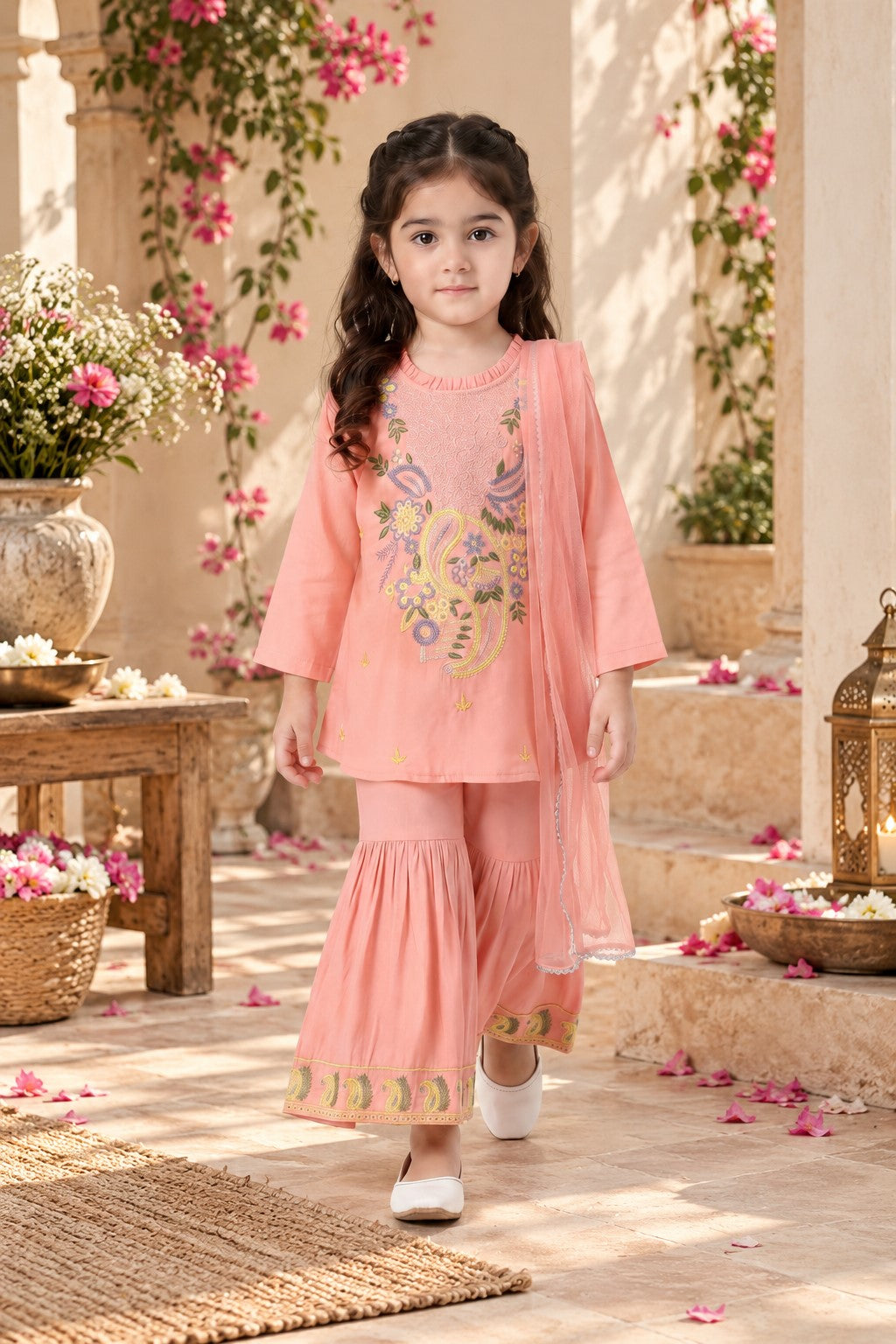 Bella Moda Girls Traditional Embroidered Kurta Sharara Set with Dupatta-AUETH845AD