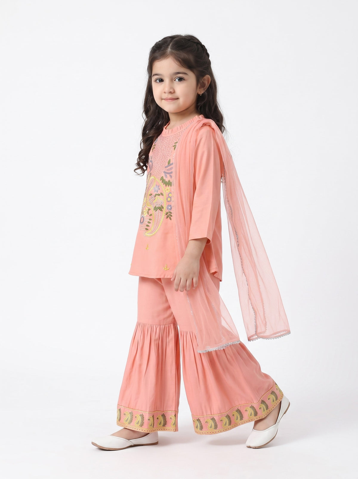 Bella Moda Girls Traditional Embroidered Kurta Sharara Set with Dupatta-AUETH845AD