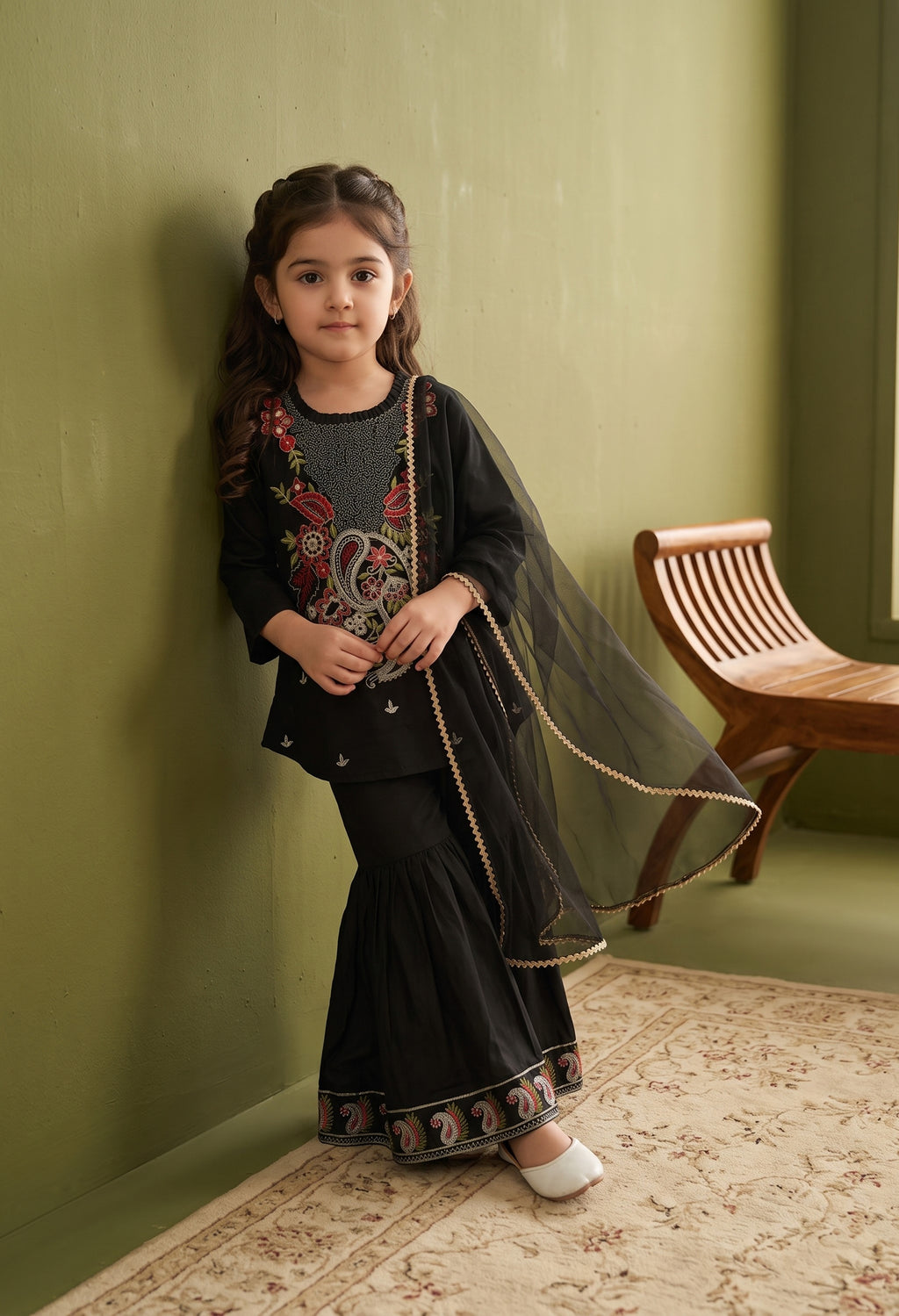Bella Moda Girls Traditional Embroidered Kurta Sharara Set with Dupatta-AUETH846AD