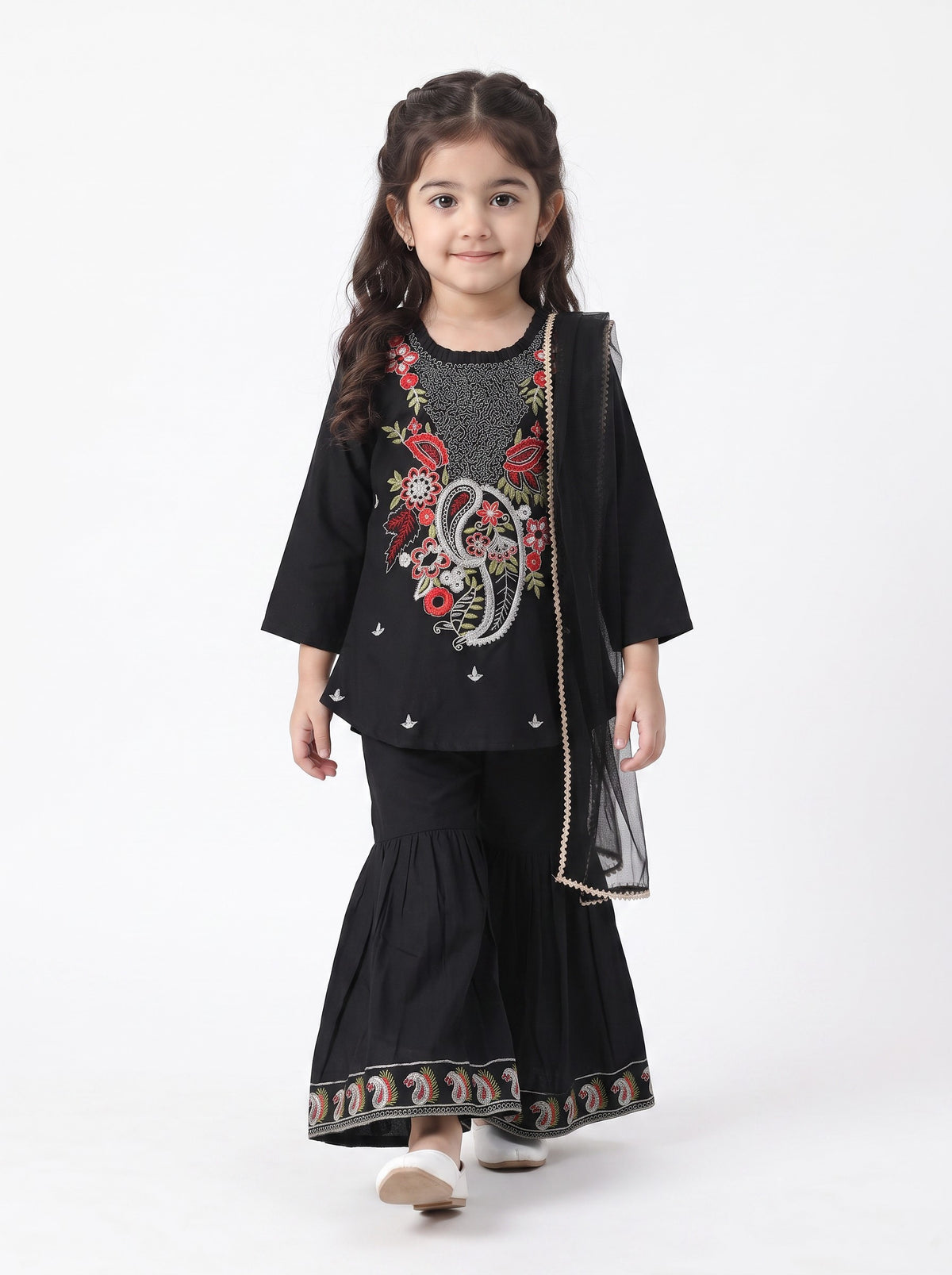 Bella Moda Girls Traditional Embroidered Kurta Sharara Set with Dupatta-AUETH846AD