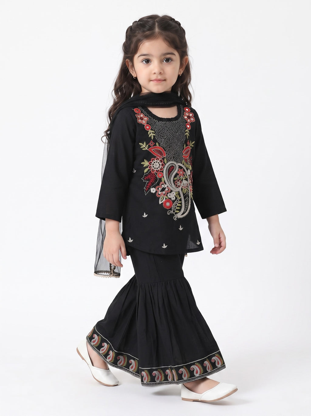 Bella Moda Girls Traditional Embroidered Kurta Sharara Set with Dupatta-AUETH846AD