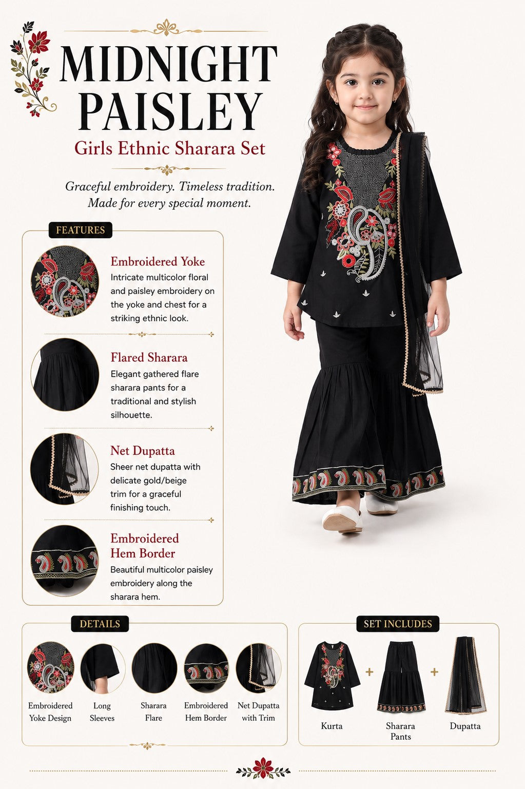Bella Moda Girls Traditional Embroidered Kurta Sharara Set with Dupatta-AUETH846AD