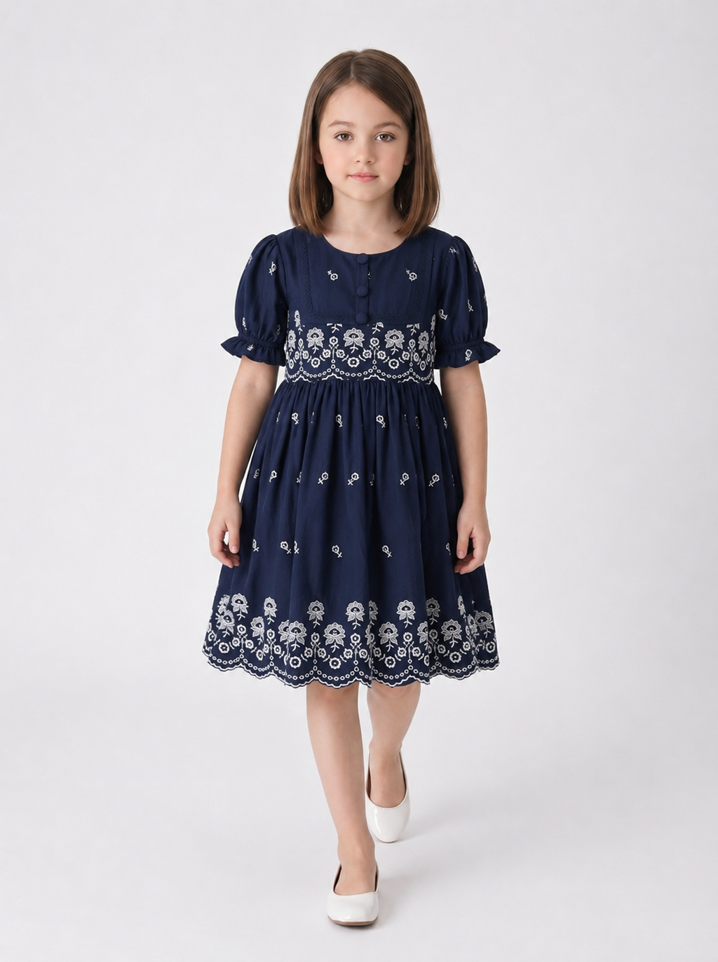 Bella Moda Cotton Woven Half Puffed Sleeves Floral Embroidered Dress- JUDR754U