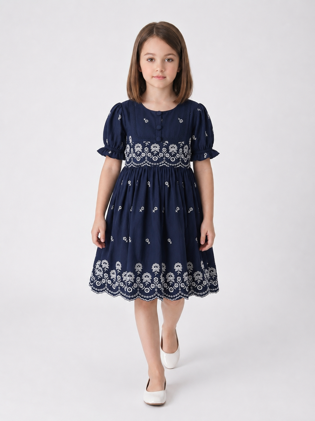 Bella Moda Cotton Woven Half Puffed Sleeves Floral Embroidered Dress- JUDR754U