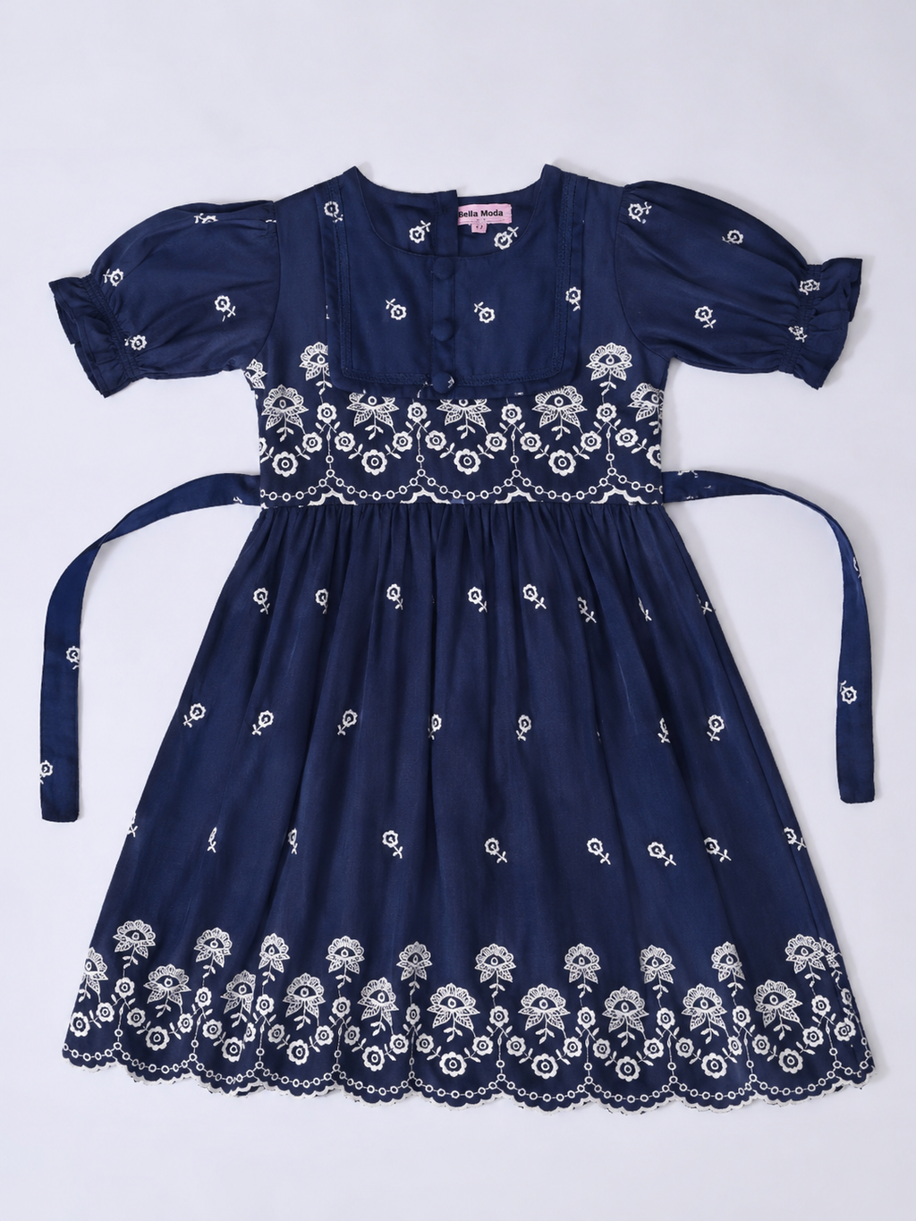 Bella Moda Cotton Woven Half Puffed Sleeves Floral Embroidered Dress- JUDR754U