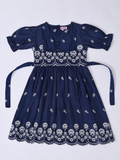 Bella Moda Cotton Woven Half Puffed Sleeves Floral Embroidered Dress- JUDR754U