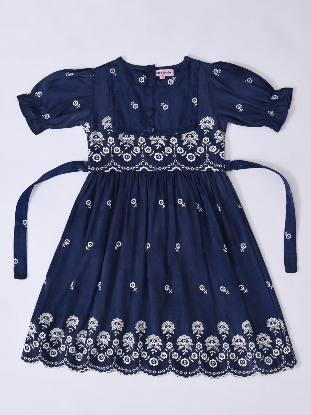 Bella Moda Cotton Woven Half Puffed Sleeves Floral Embroidered Dress- JUDR754U