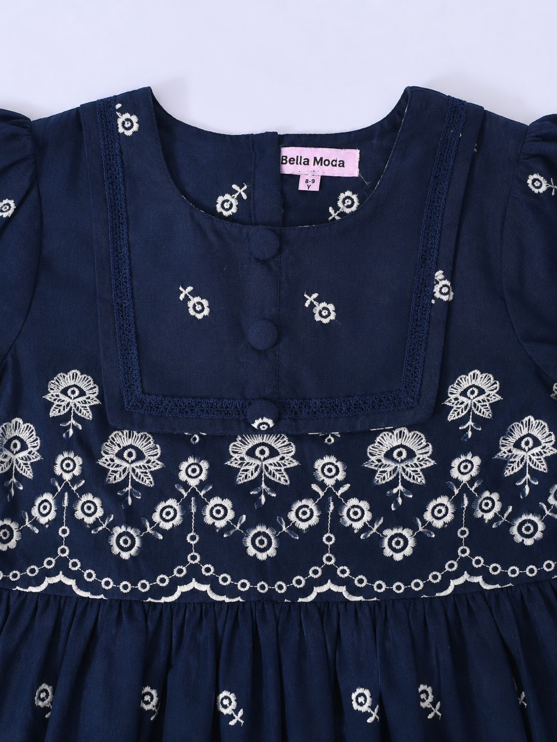 Bella Moda Cotton Woven Half Puffed Sleeves Floral Embroidered Dress- JUDR754U