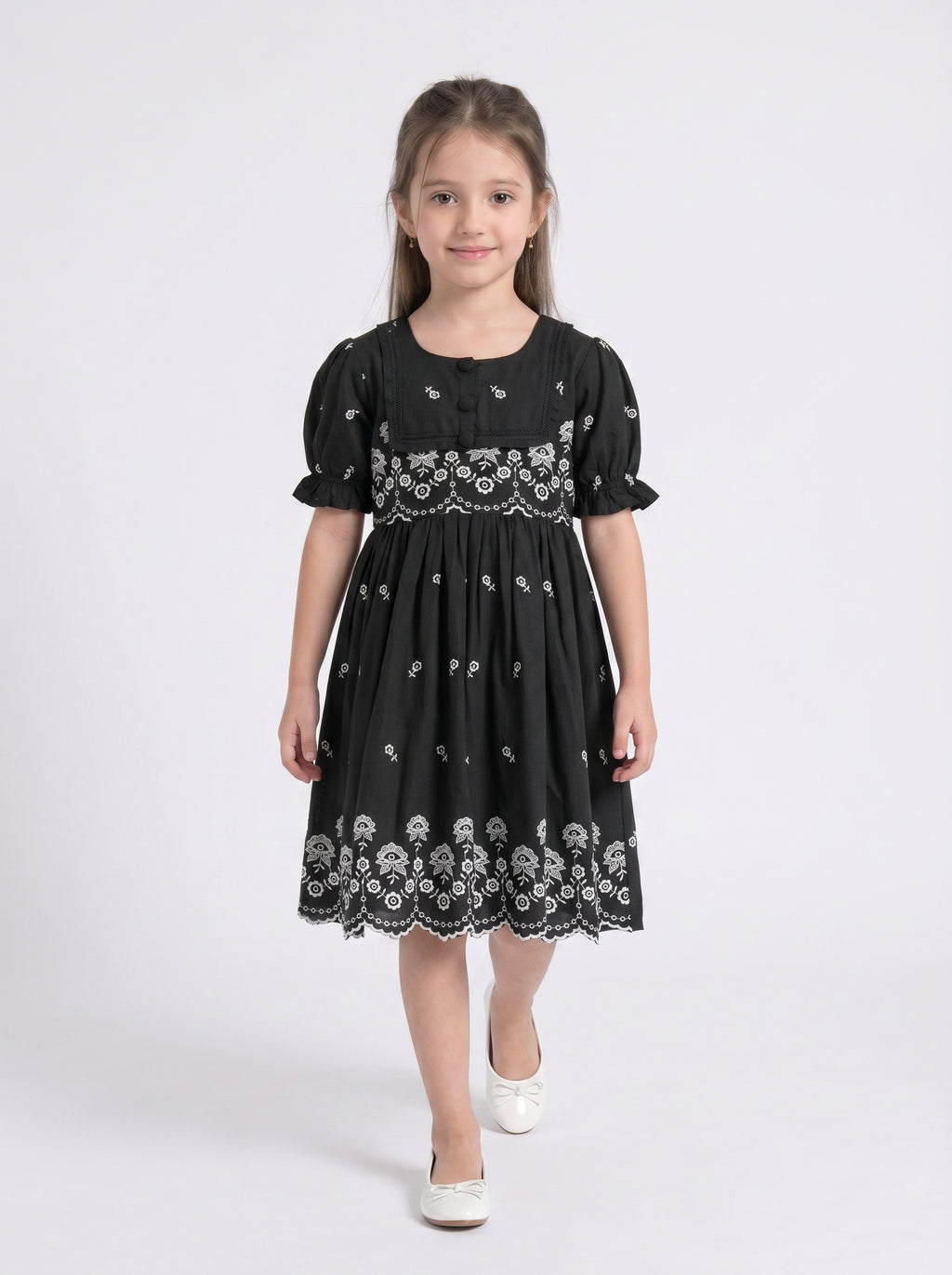 Bella Moda Cotton Woven Half Puffed Sleeves Floral Embroidered Dress- JUDR755U