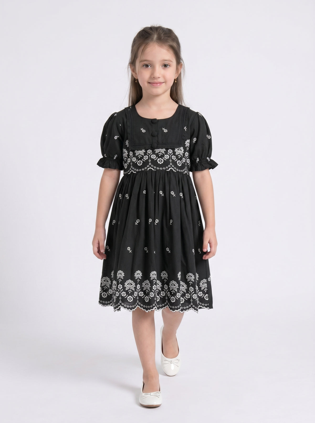 Bella Moda Cotton Woven Half Puffed Sleeves Floral Embroidered Dress- JUDR755U