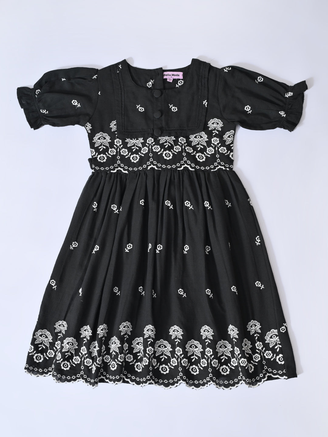 Bella Moda Cotton Woven Half Puffed Sleeves Floral Embroidered Dress- JUDR755U