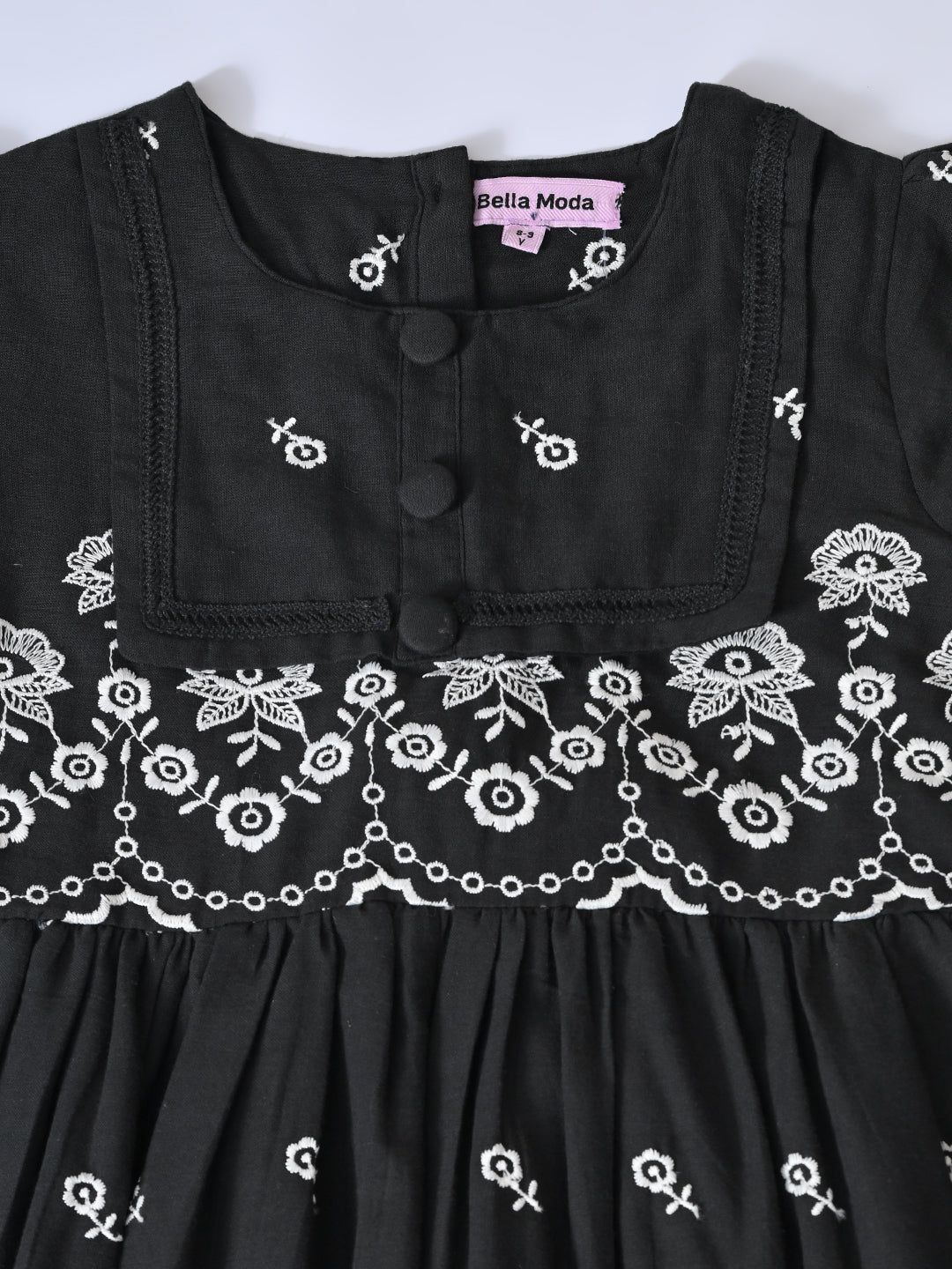 Bella Moda Cotton Woven Half Puffed Sleeves Floral Embroidered Dress- JUDR755U