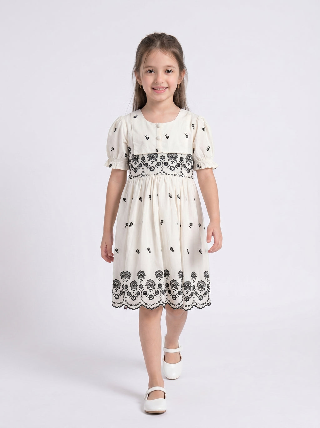 Bella Moda Cotton Woven Half Puffed Sleeves Floral Embroidered Dress- JUDR756U