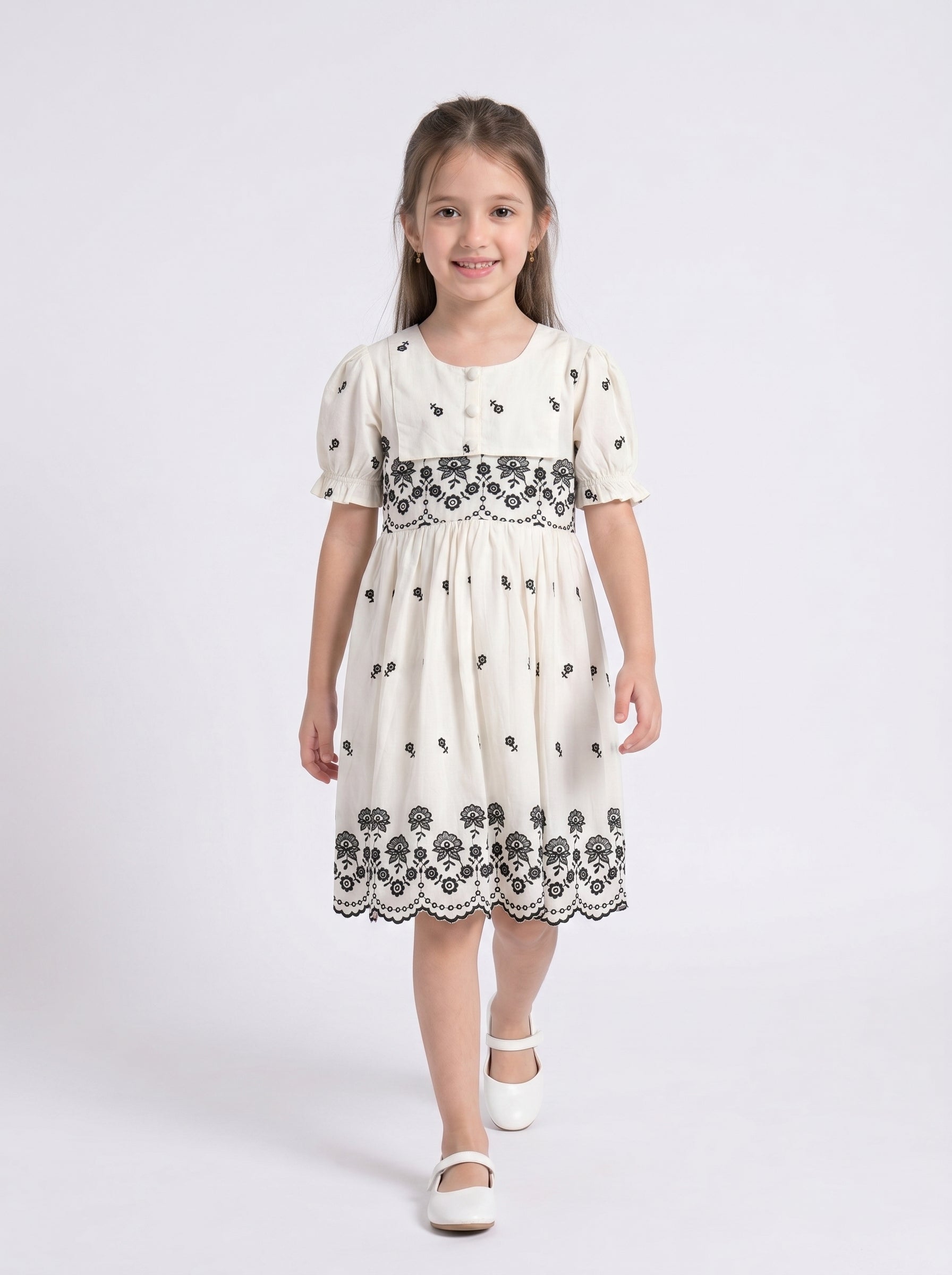 Bella Moda Cotton Woven Half Puffed Sleeves Floral Embroidered Dress- JUDR756U