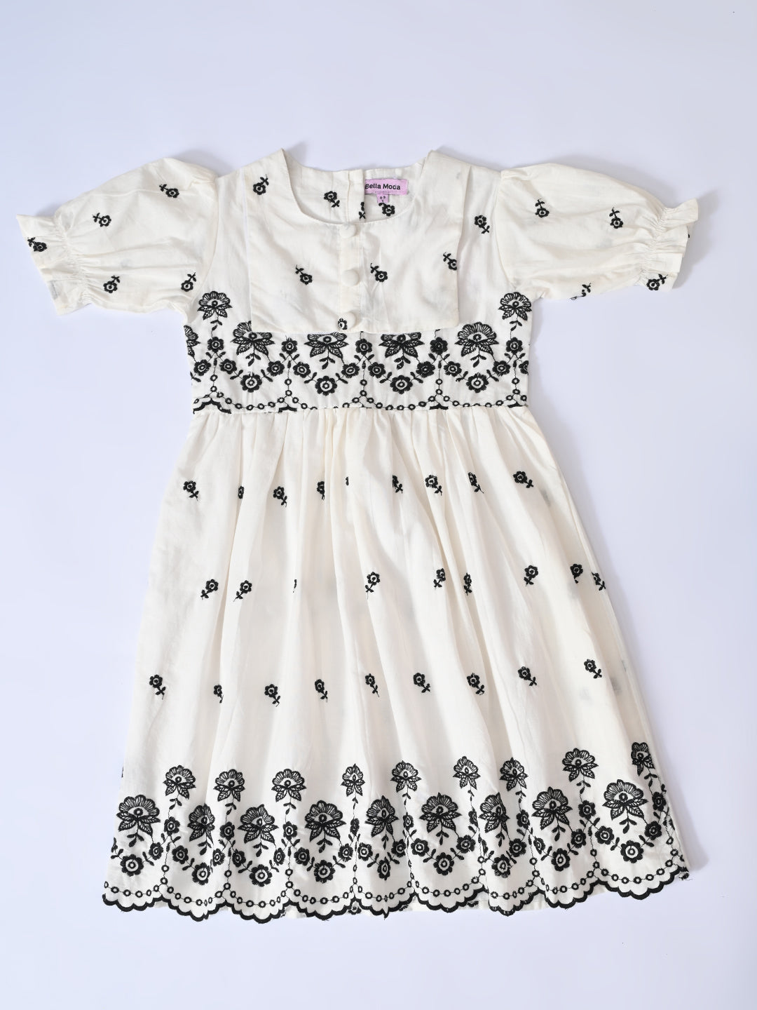 Bella Moda Cotton Woven Half Puffed Sleeves Floral Embroidered Dress- JUDR756U