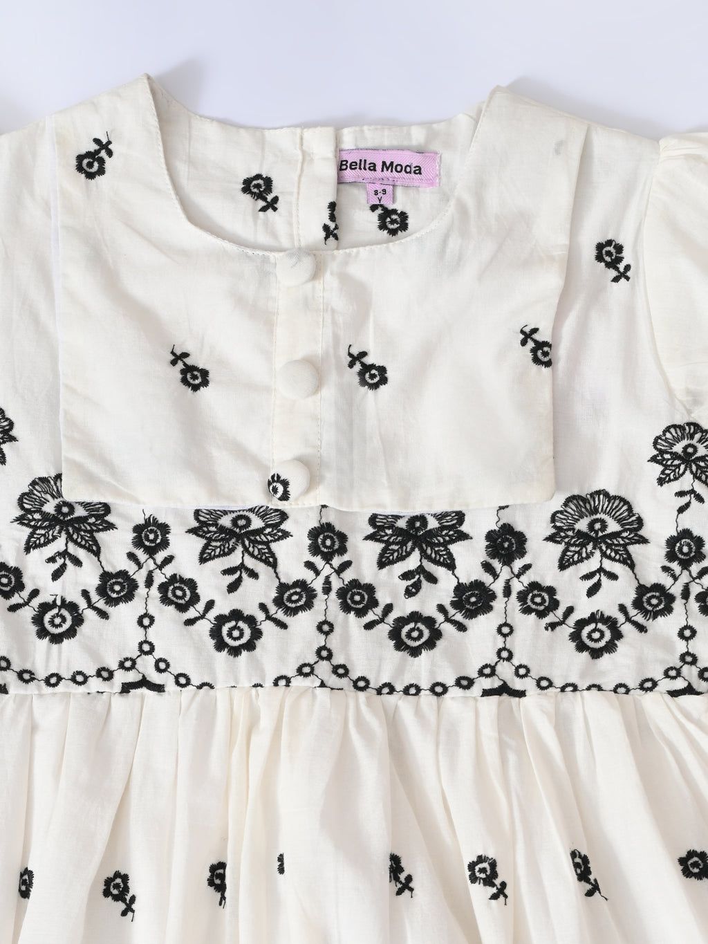 Bella Moda Cotton Woven Half Puffed Sleeves Floral Embroidered Dress- JUDR756U