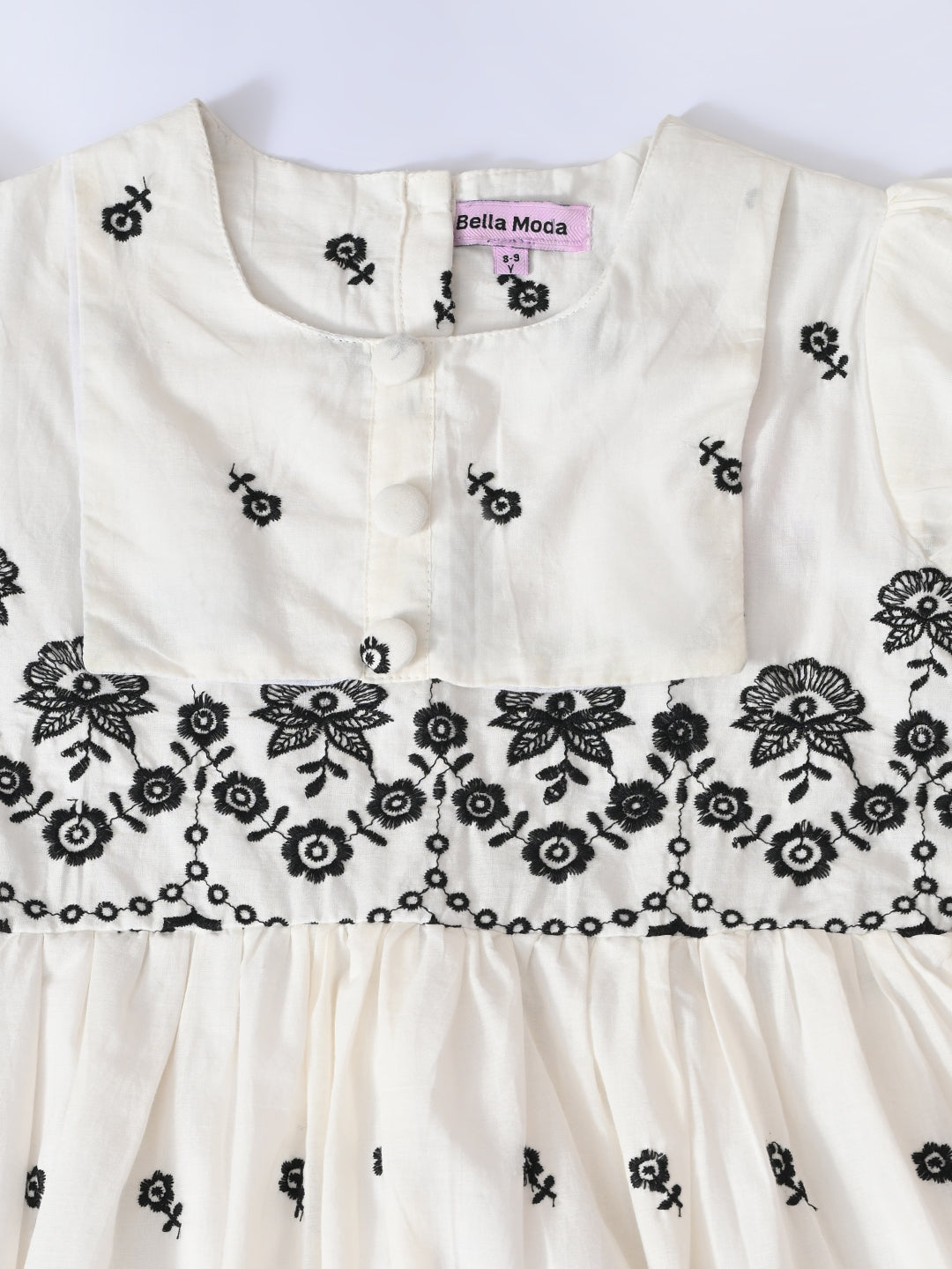 Bella Moda Cotton Woven Half Puffed Sleeves Floral Embroidered Dress- JUDR756U