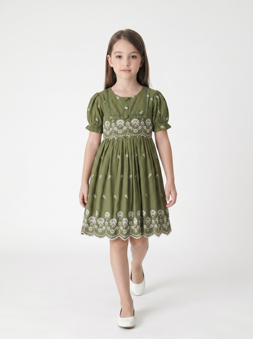 Bella Moda Cotton Woven Half Puffed Sleeves Floral Embroidered Dress- JUDR758U