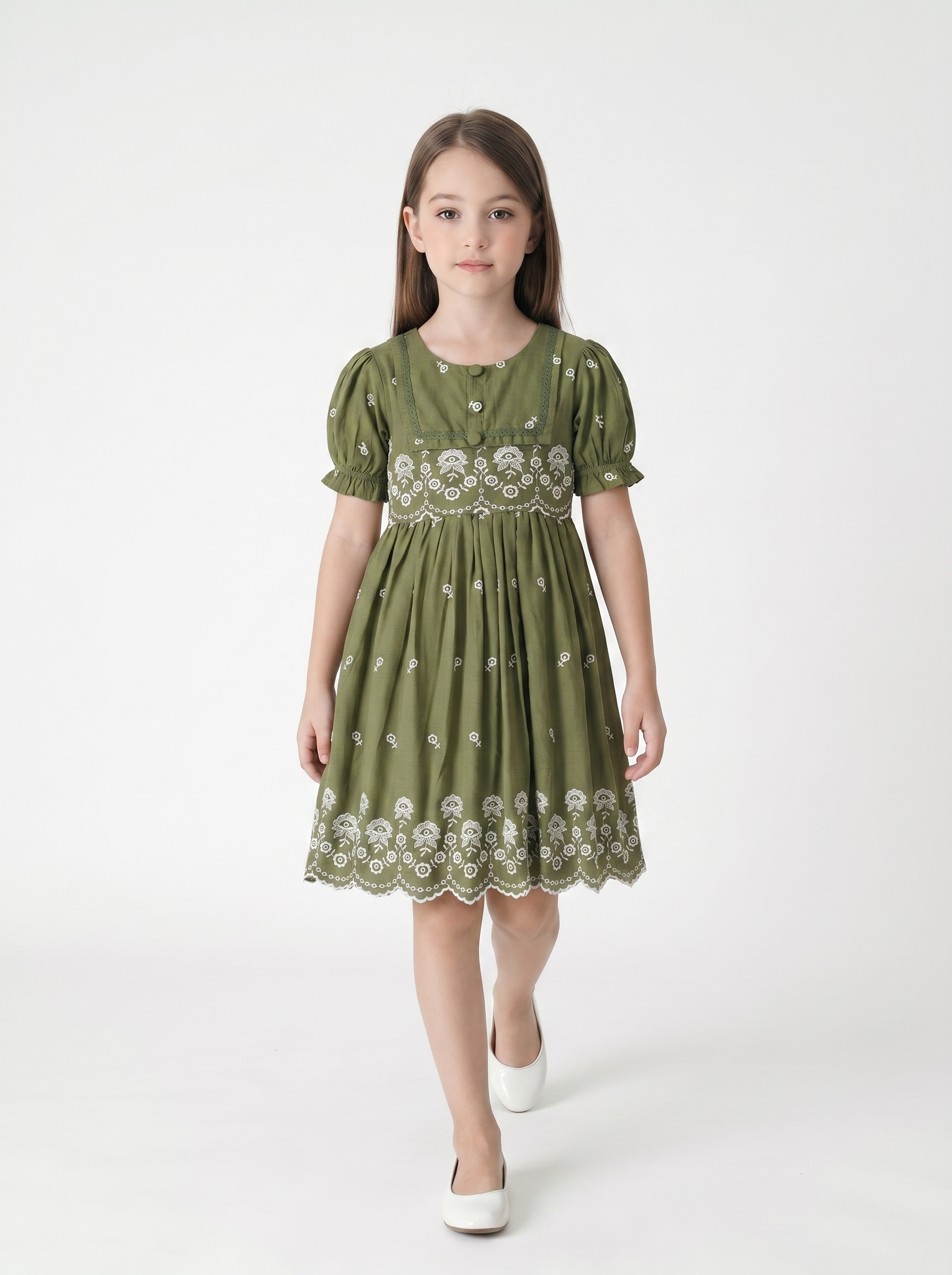Bella Moda Cotton Woven Half Puffed Sleeves Floral Embroidered Dress- JUDR758U