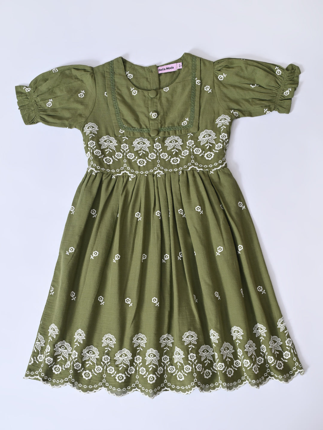 Bella Moda Cotton Woven Half Puffed Sleeves Floral Embroidered Dress- JUDR758U