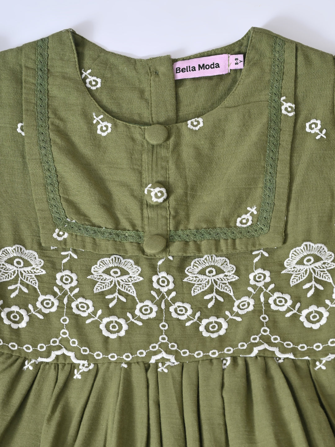 Bella Moda Cotton Woven Half Puffed Sleeves Floral Embroidered Dress- JUDR758U