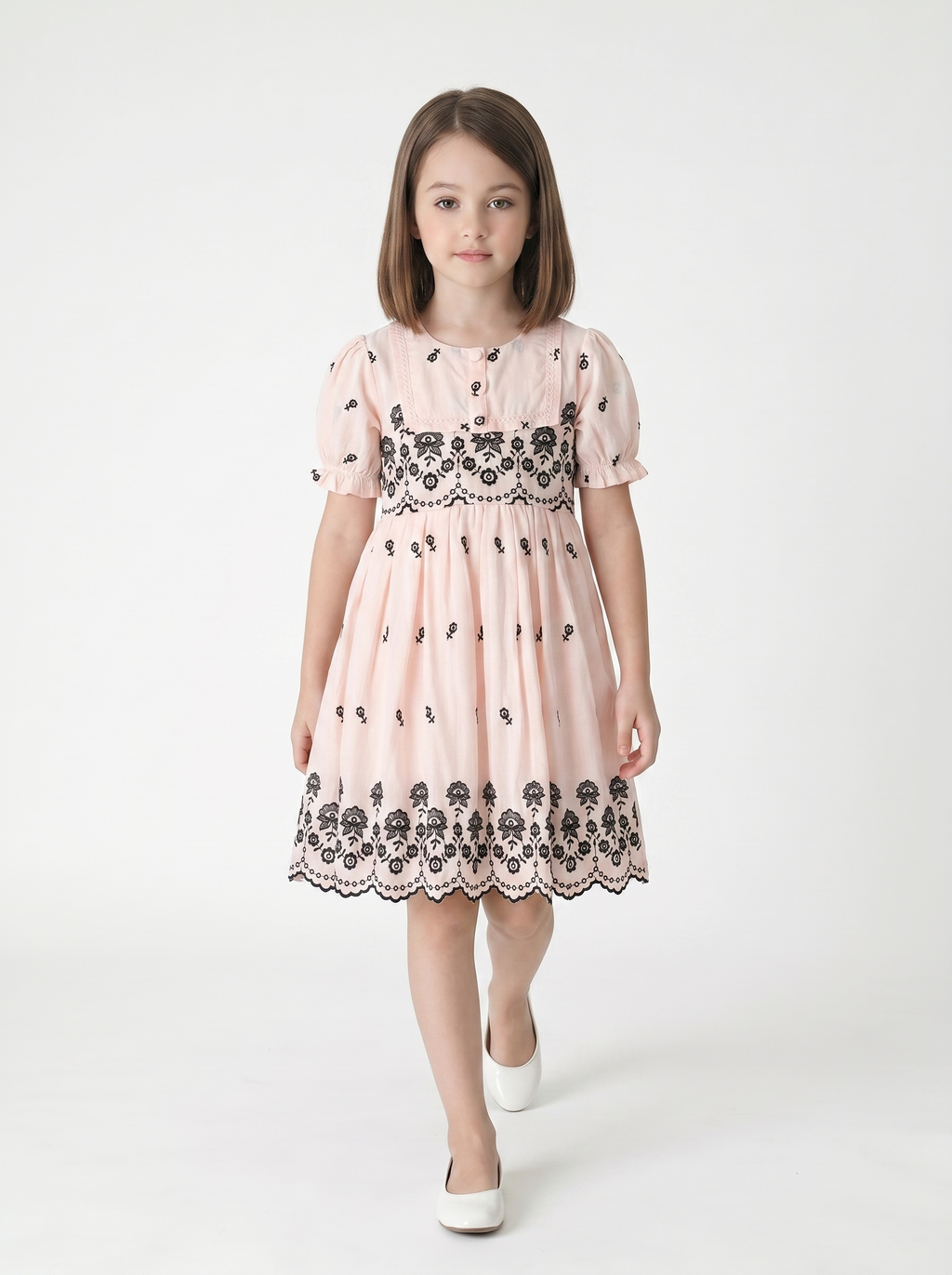 Bella Moda Cotton Woven Half Puffed Sleeves Floral Embroidered Dress- JUDR759U
