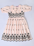 Bella Moda Cotton Woven Half Puffed Sleeves Floral Embroidered Dress- JUDR759U