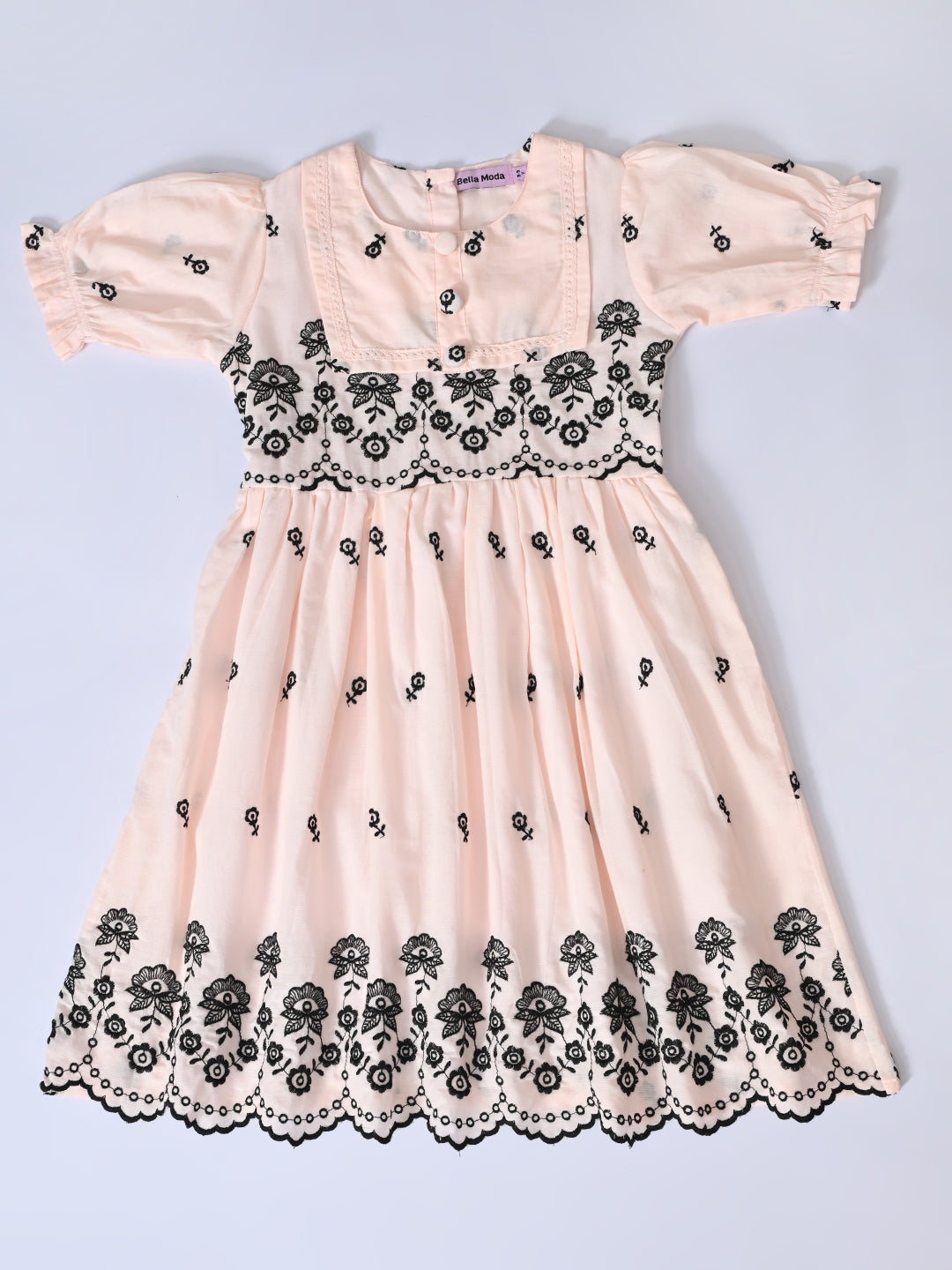 Bella Moda Cotton Woven Half Puffed Sleeves Floral Embroidered Dress- JUDR759U