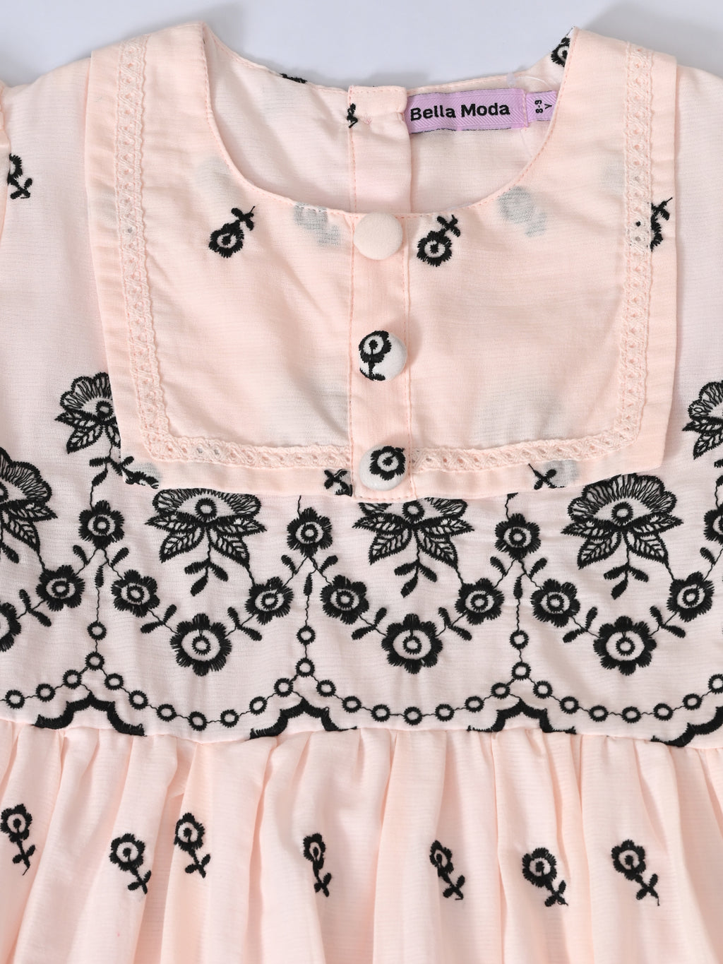 Bella Moda Cotton Woven Half Puffed Sleeves Floral Embroidered Dress- JUDR759U
