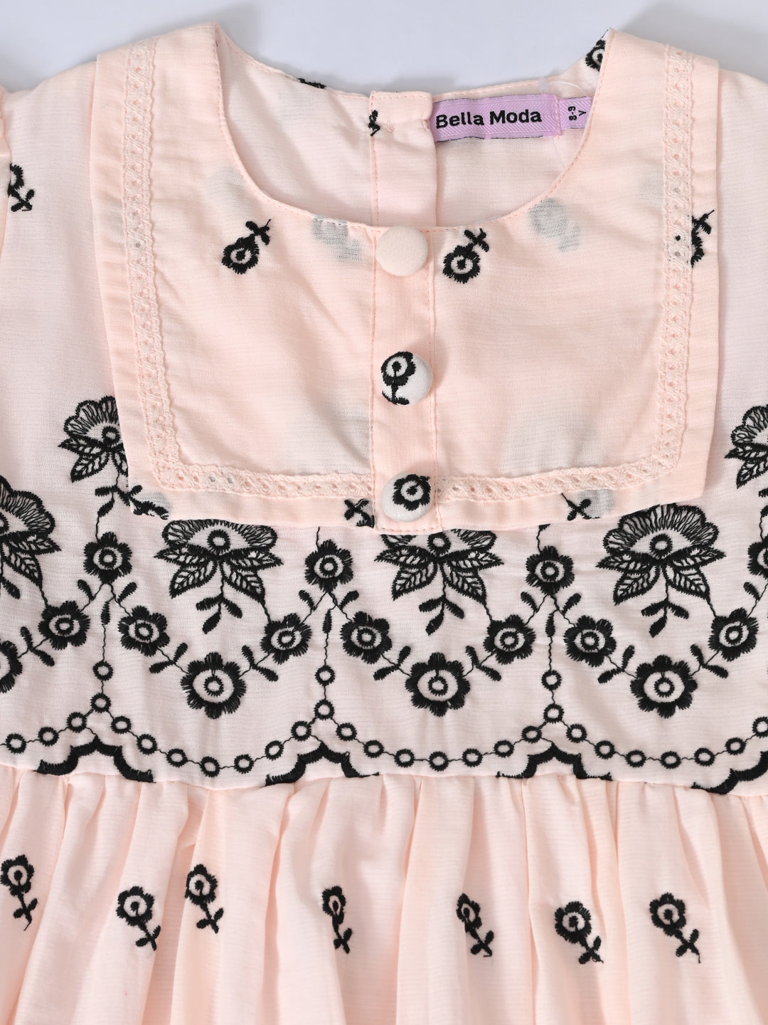Bella Moda Cotton Woven Half Puffed Sleeves Floral Embroidered Dress- JUDR759U