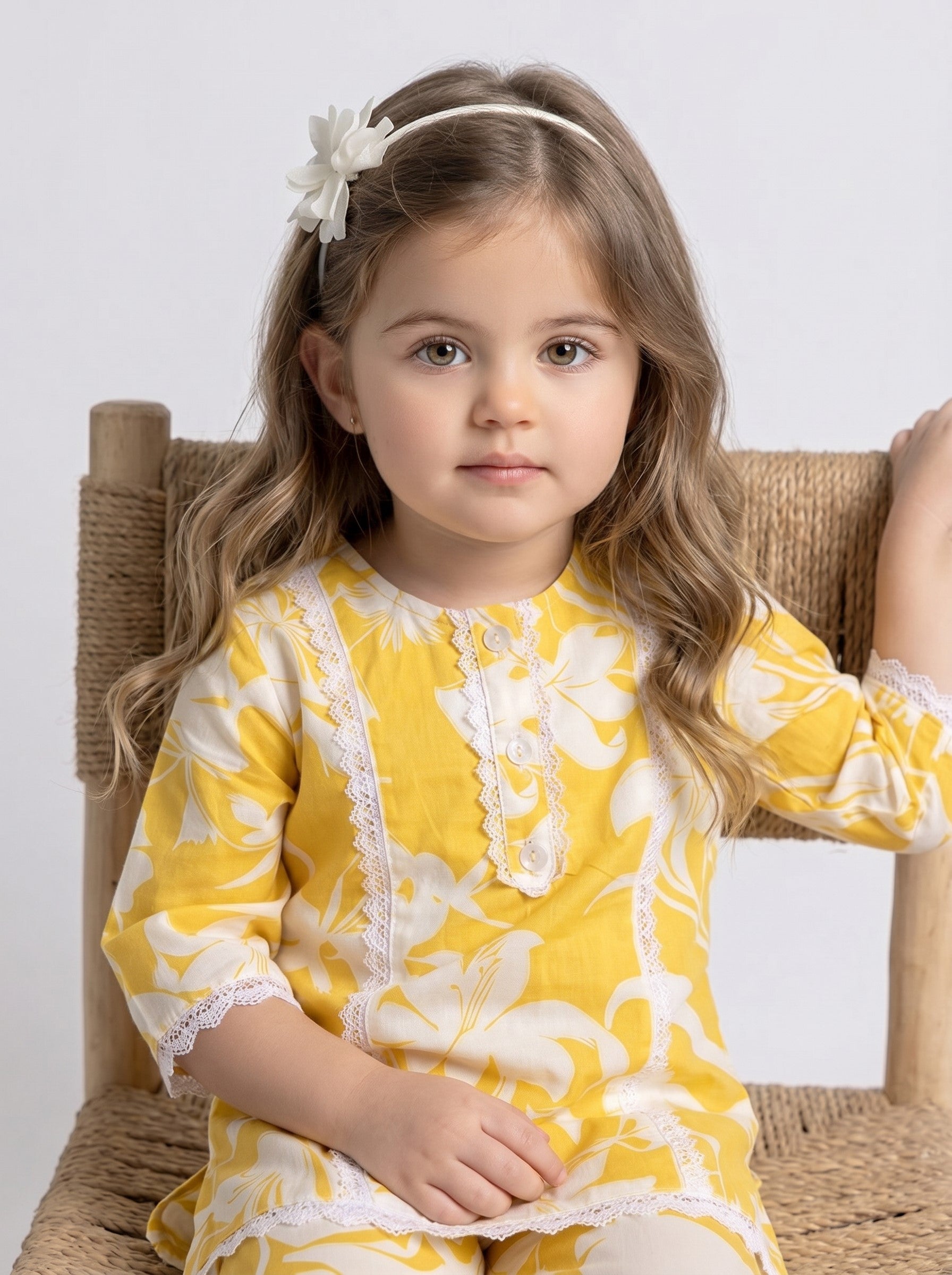 Bella Moda Girls Floral Print Lace Detailed Kurta with Pants Co-Ord Set- JUETH749X