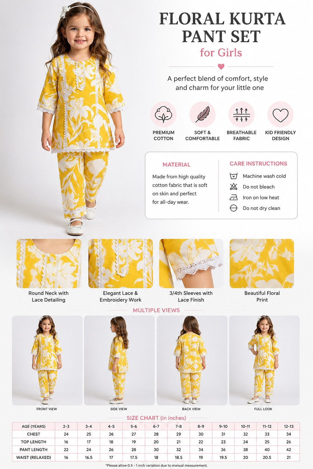 Bella Moda Girls Floral Print Lace Detailed Kurta with Pants Co-Ord Set- JUETH749X