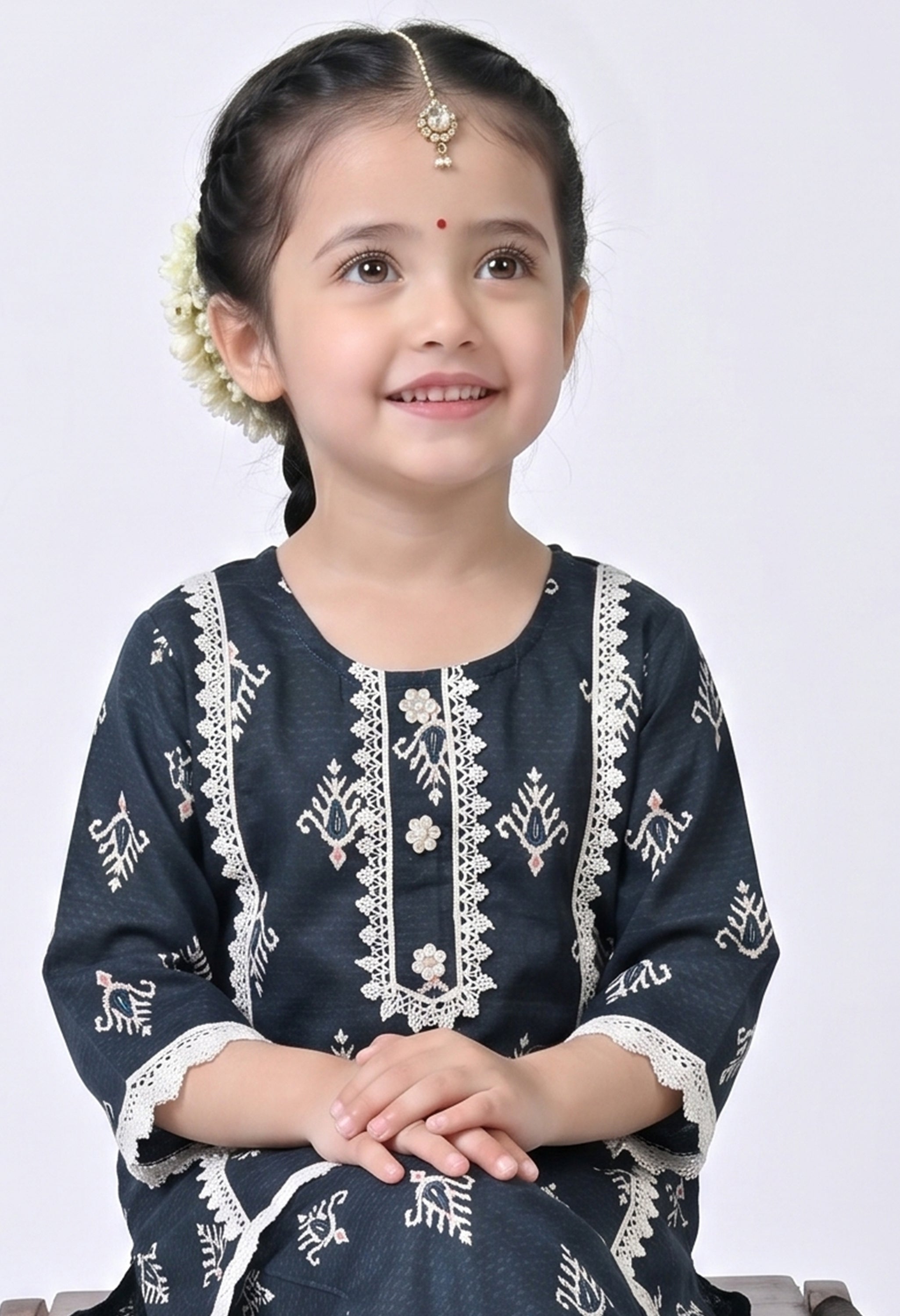 Bella Moda Girls Ethnic Print Lace Detailed Kurta with Pants Co-Ord Set- JUETH750X