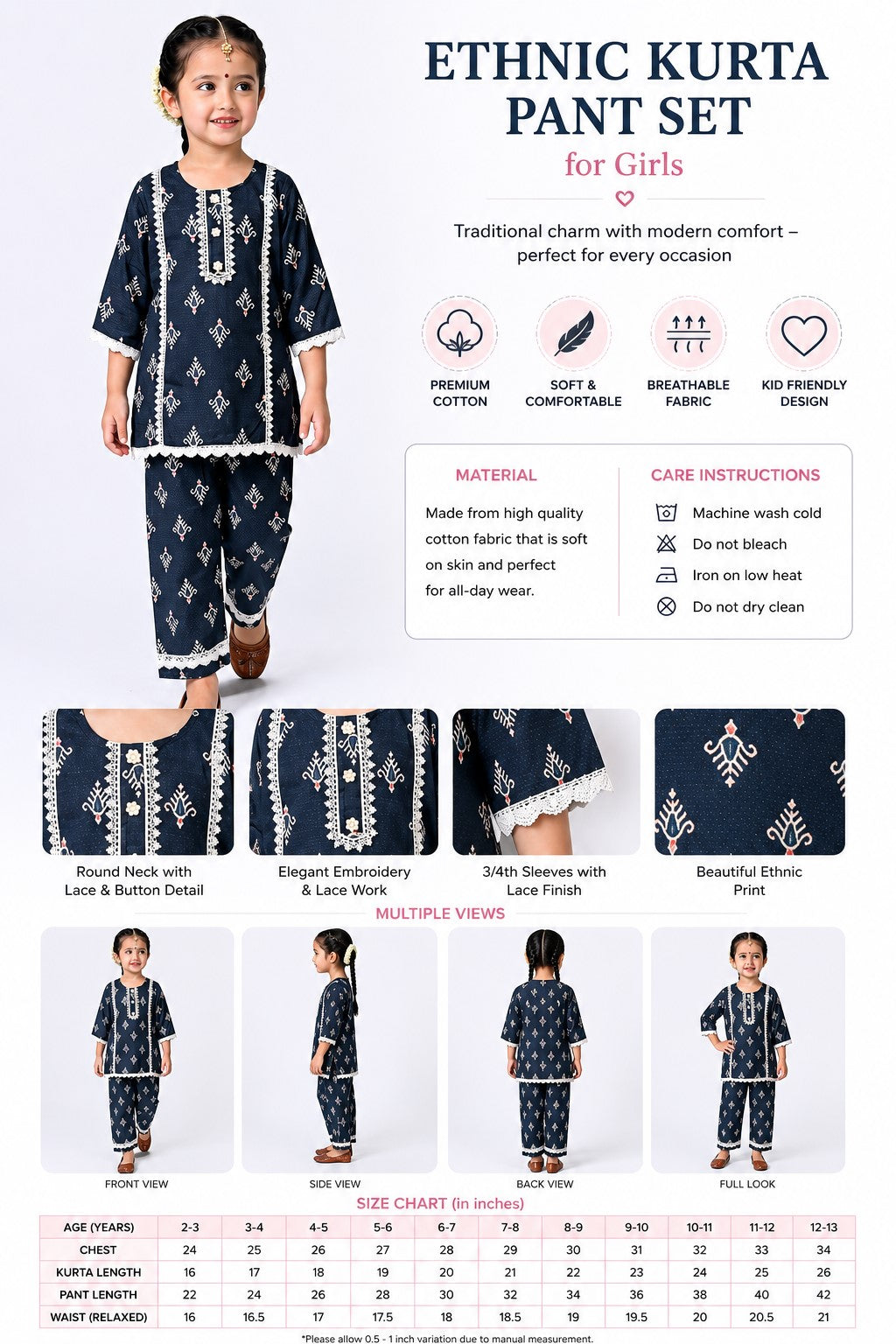 Bella Moda Girls Ethnic Print Lace Detailed Kurta with Pants Co-Ord Set- JUETH750X