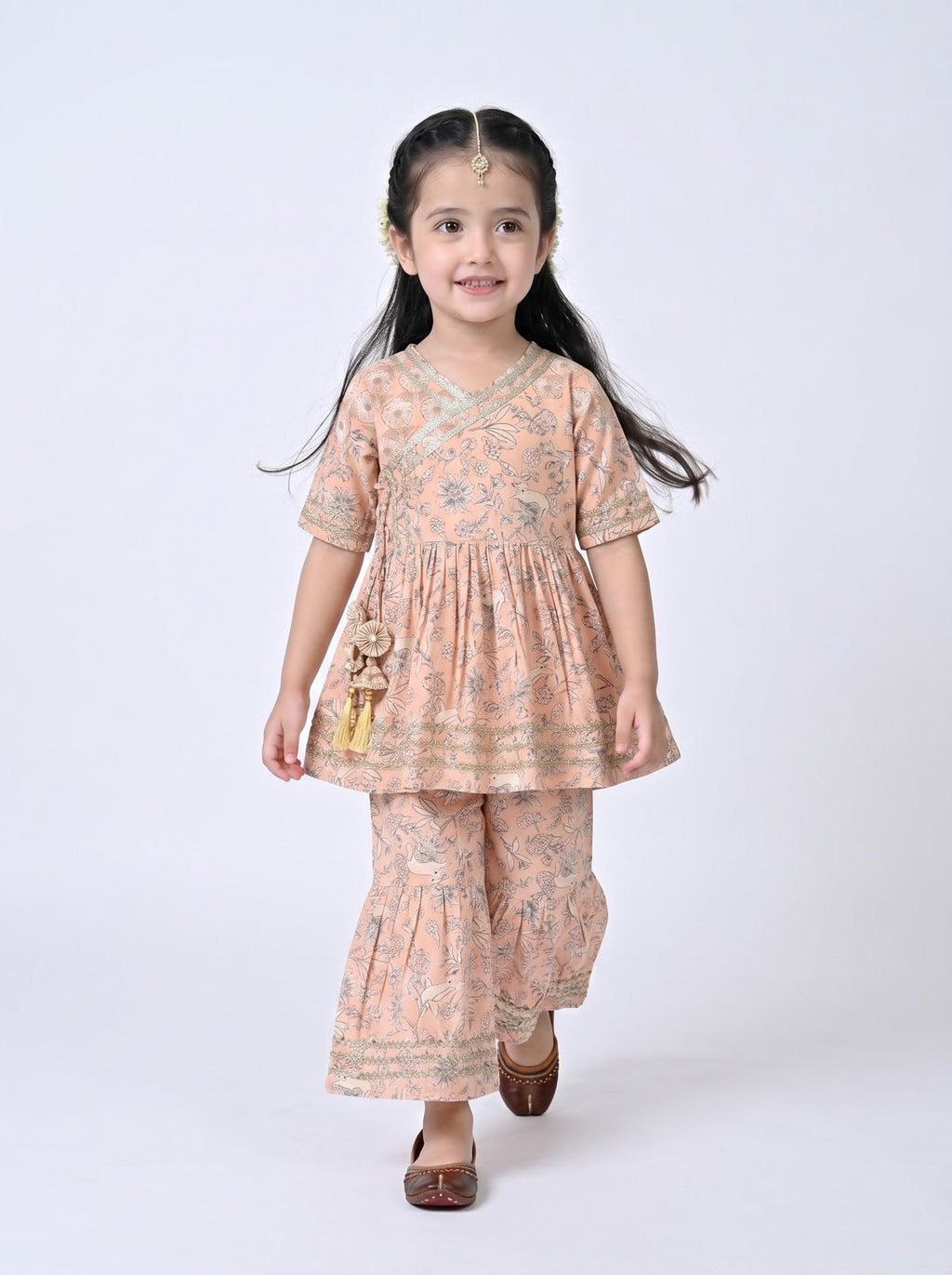 Bella Moda Girls Printed Angrakha Style Kurta with Sharara Co-Ord Set- JUETH760V
