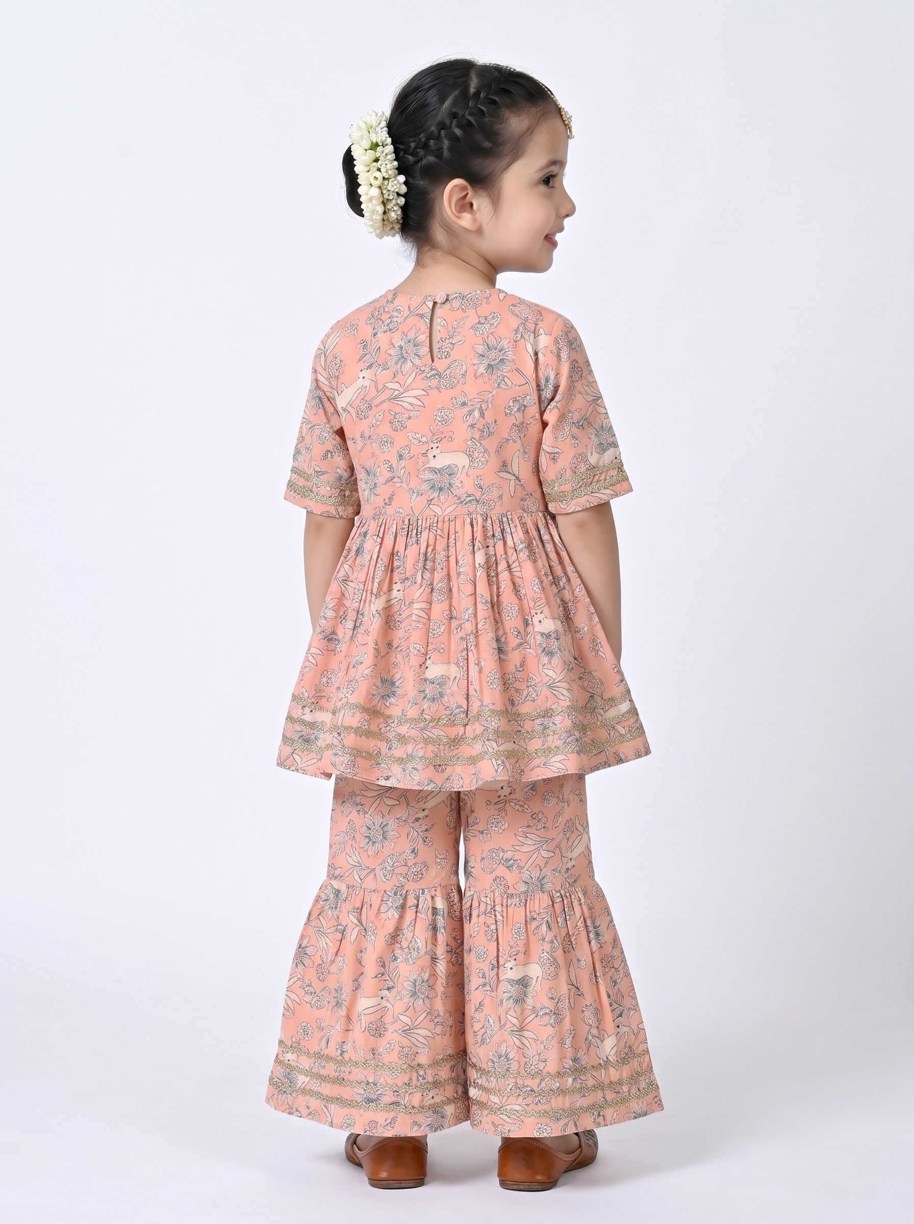 Bella Moda Girls Printed Angrakha Style Kurta with Sharara Co-Ord Set- JUETH760V
