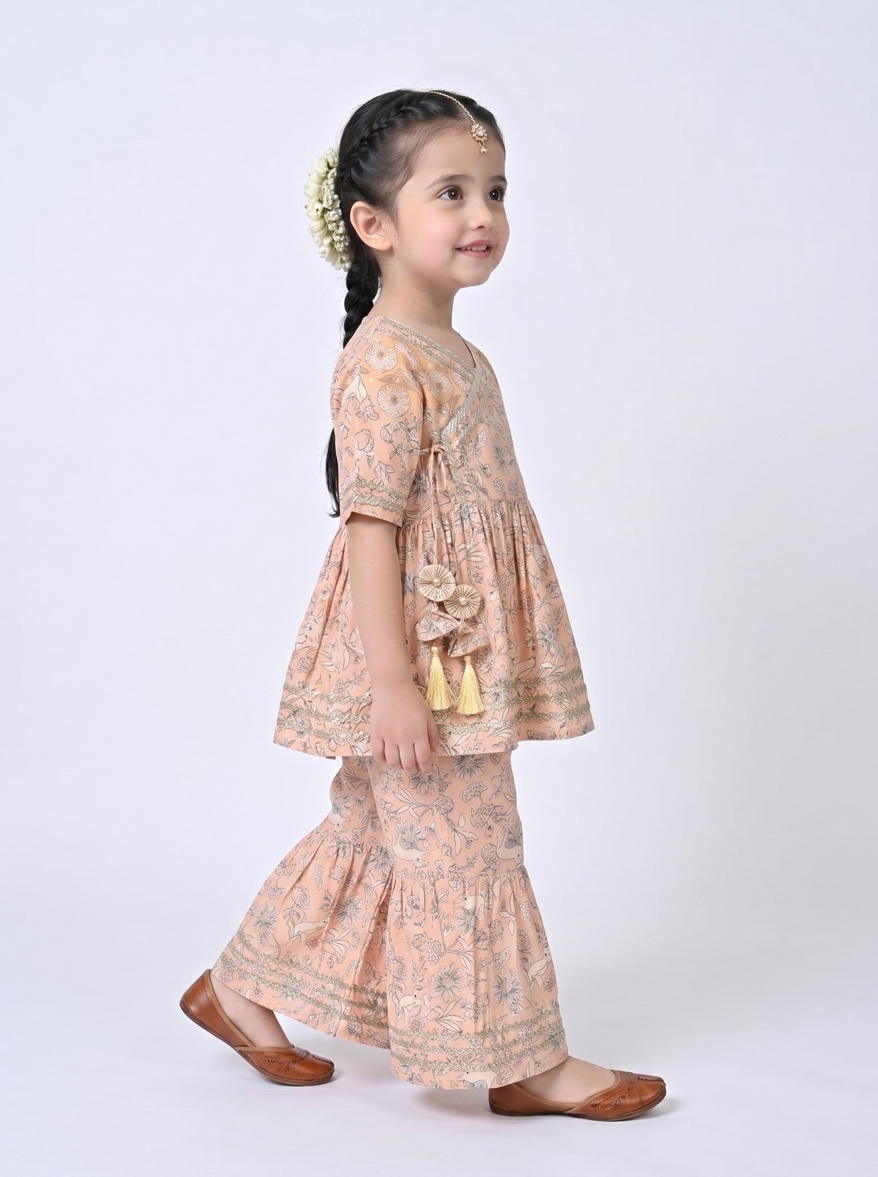 Bella Moda Girls Printed Angrakha Style Kurta with Sharara Co-Ord Set- JUETH760V