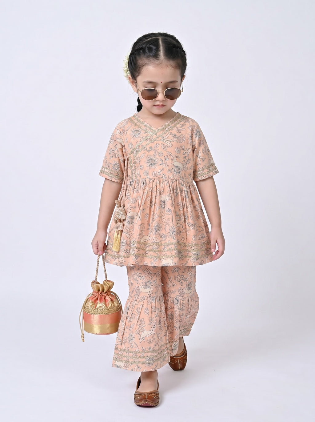 Bella Moda Girls Printed Angrakha Style Kurta with Sharara Co-Ord Set- JUETH760V