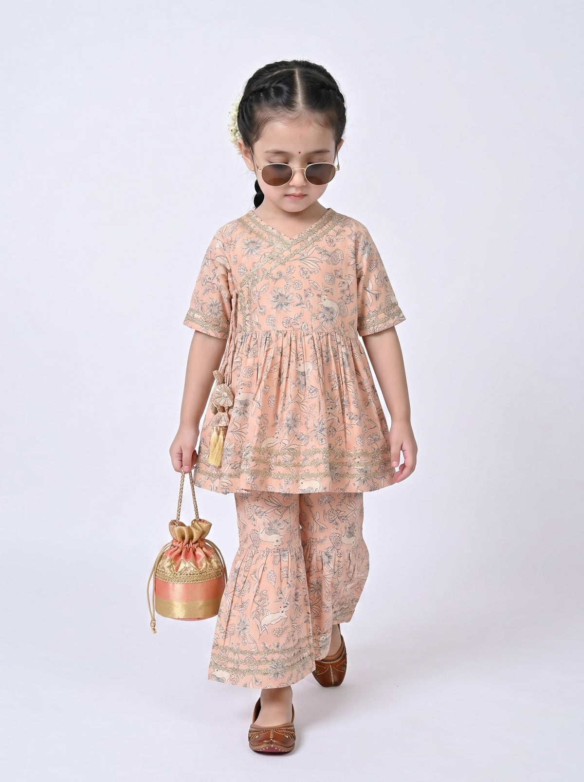 Bella Moda Girls Printed Angrakha Style Kurta with Sharara Co-Ord Set- JUETH760V