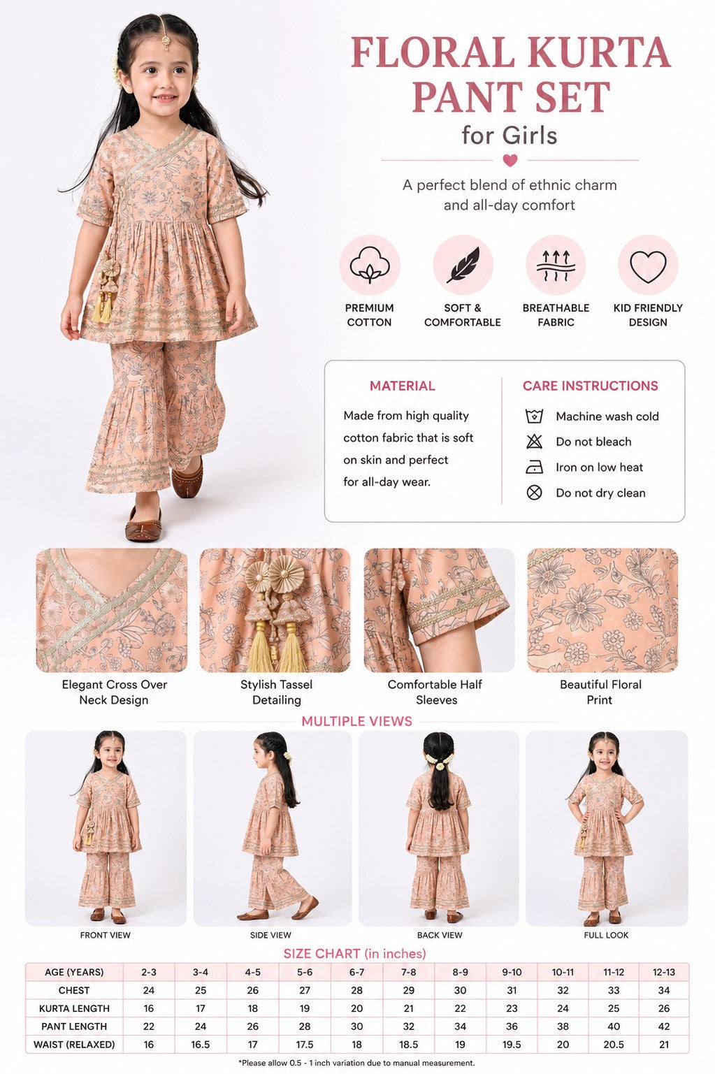 Bella Moda Girls Printed Angrakha Style Kurta with Sharara Co-Ord Set- JUETH760V