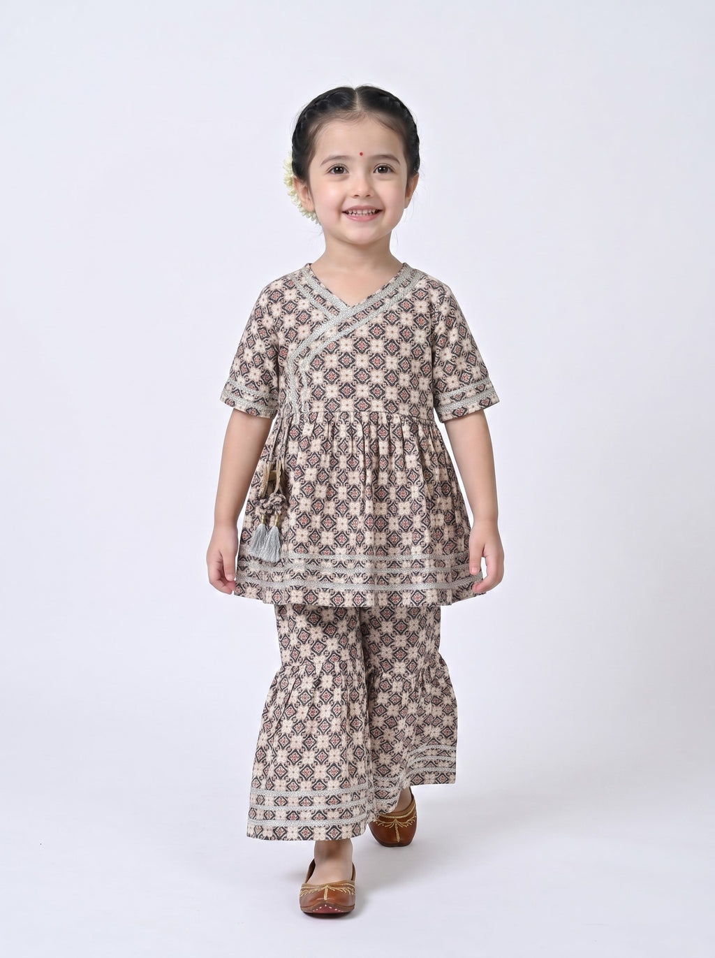 Bella Moda Girls Printed Angrakha Style Kurta with Sharara Co-Ord Set- JUETH761V