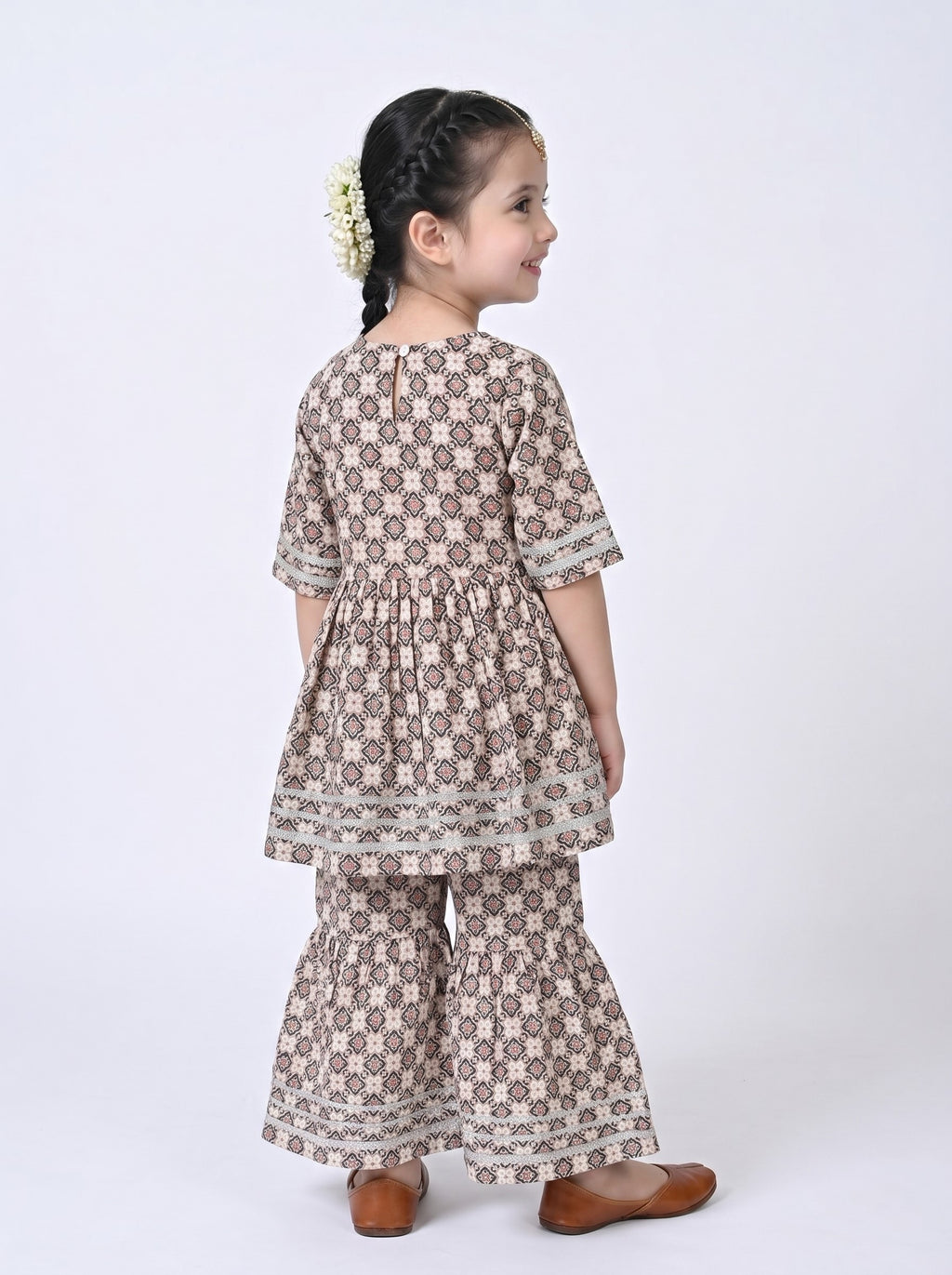 Bella Moda Girls Printed Angrakha Style Kurta with Sharara Co-Ord Set- JUETH761V