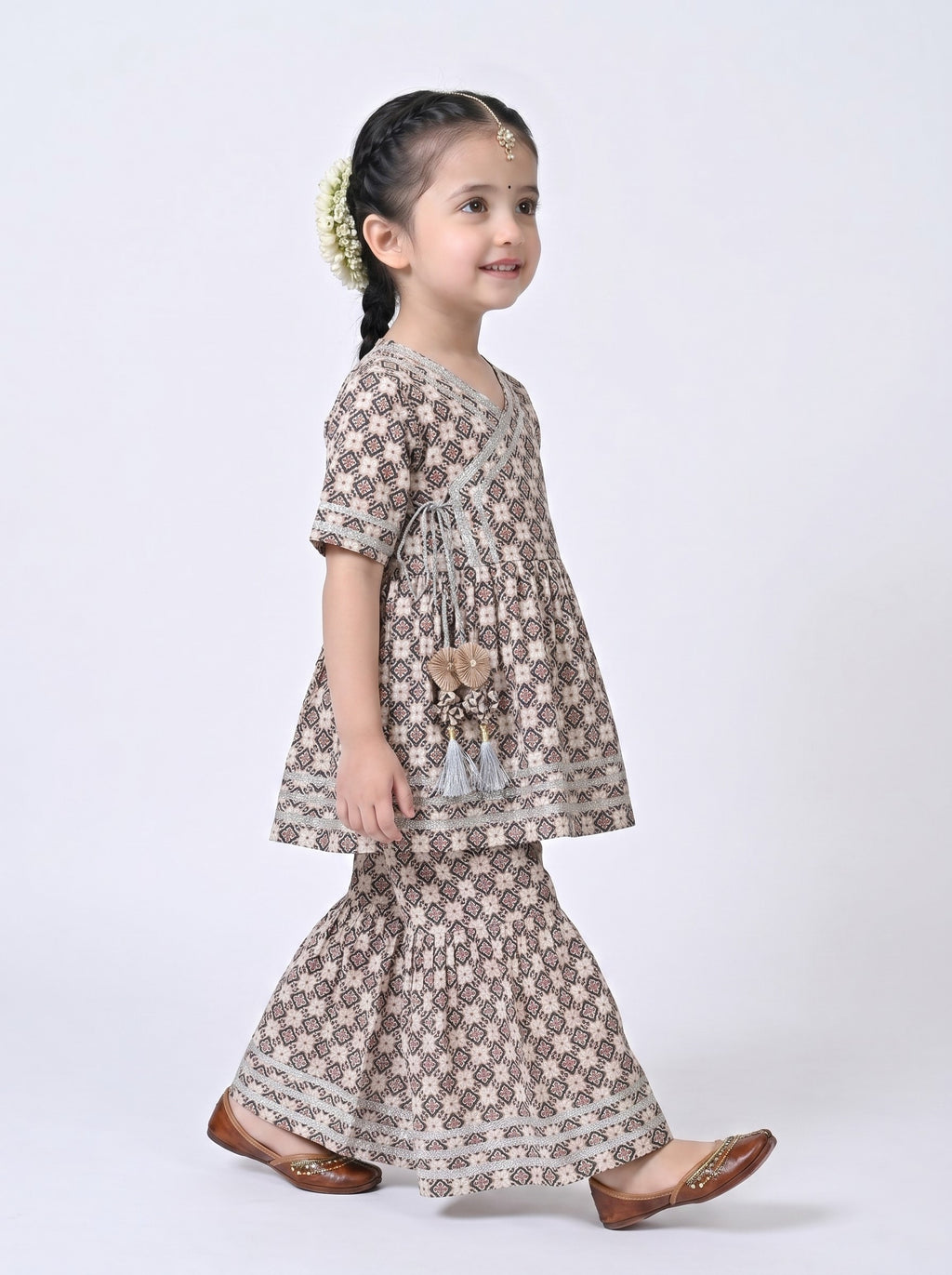 Bella Moda Girls Printed Angrakha Style Kurta with Sharara Co-Ord Set- JUETH761V