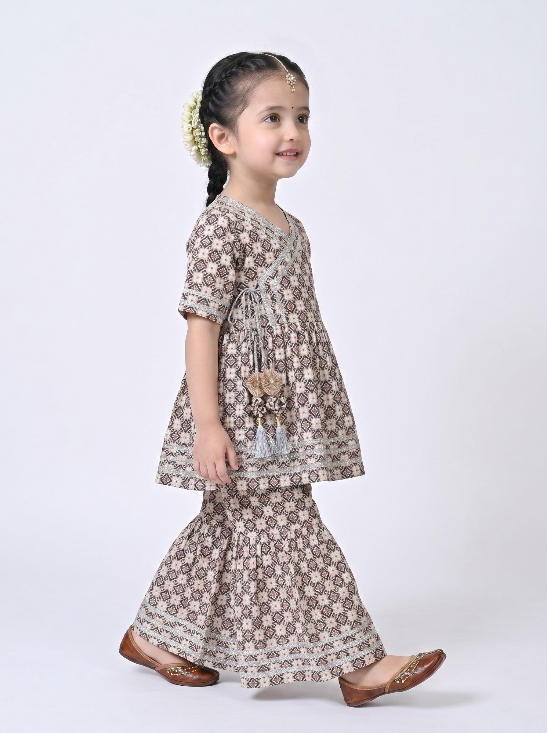Bella Moda Girls Printed Angrakha Style Kurta with Sharara Co-Ord Set- JUETH761V